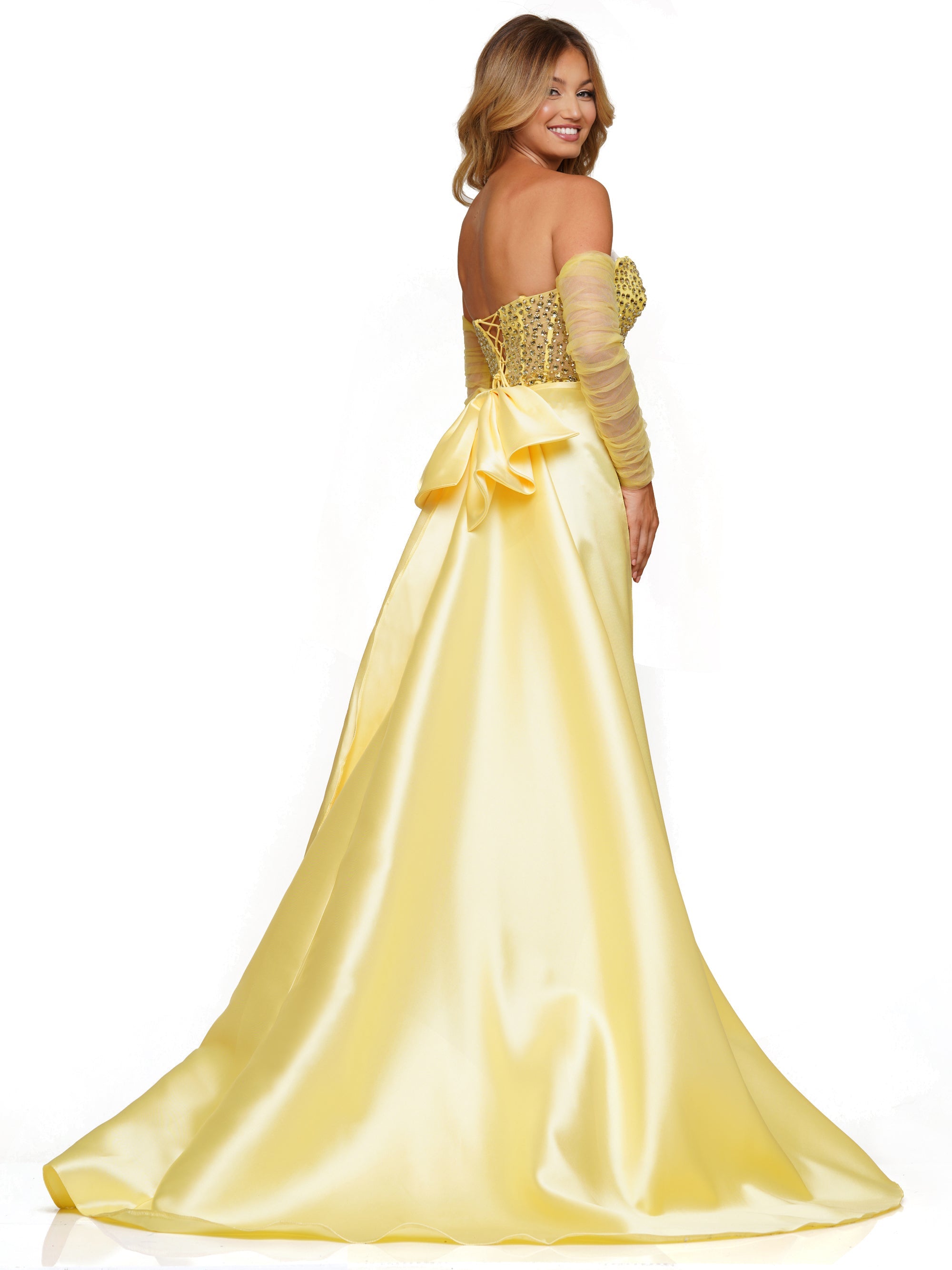Prom Dresses Long Strapless Beaded Mesh Overskirt Prom Dress Yellow