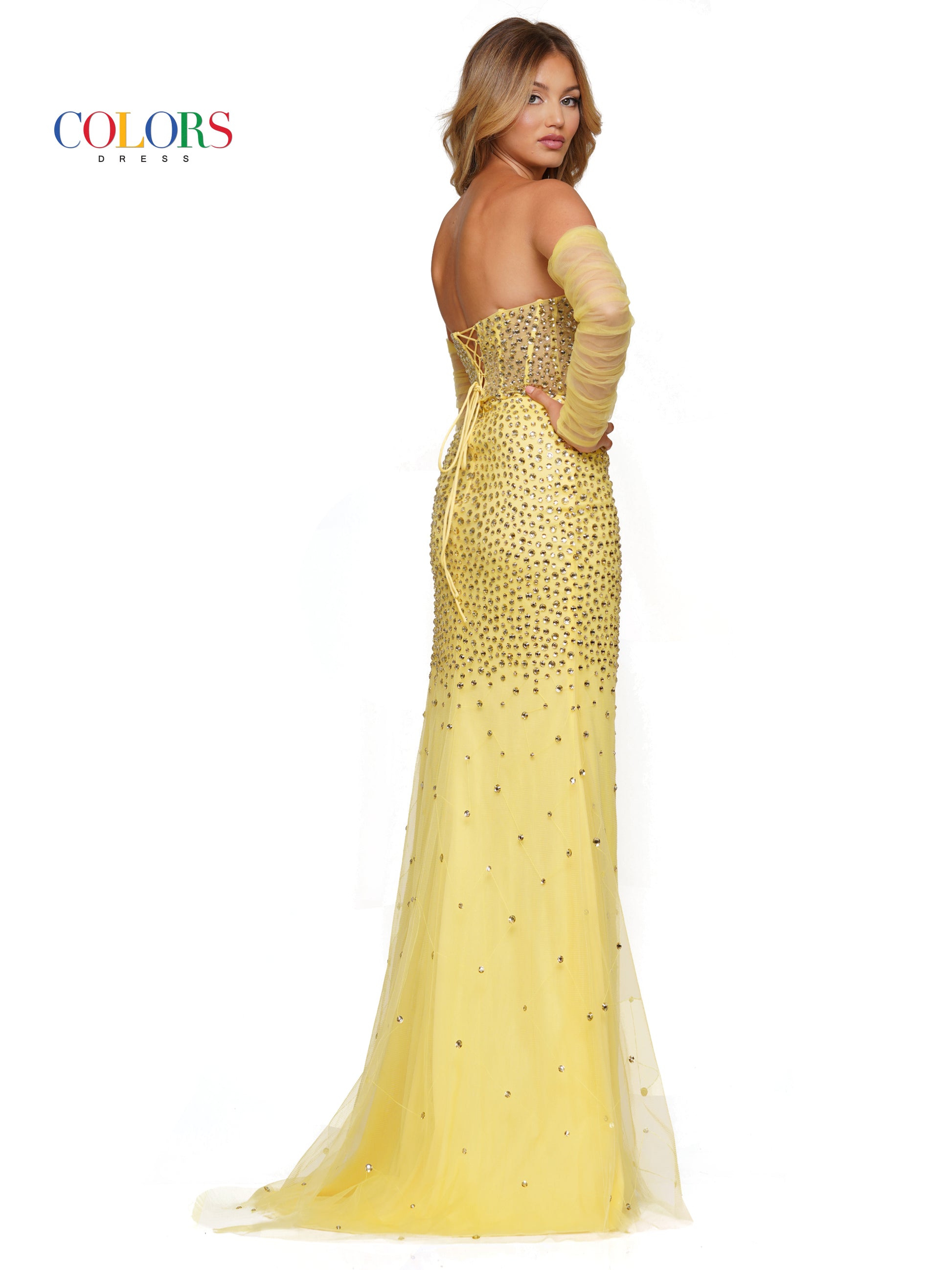 Colors 3168 Long  Formal Beaded Overskirt Prom Dress with Sleeves