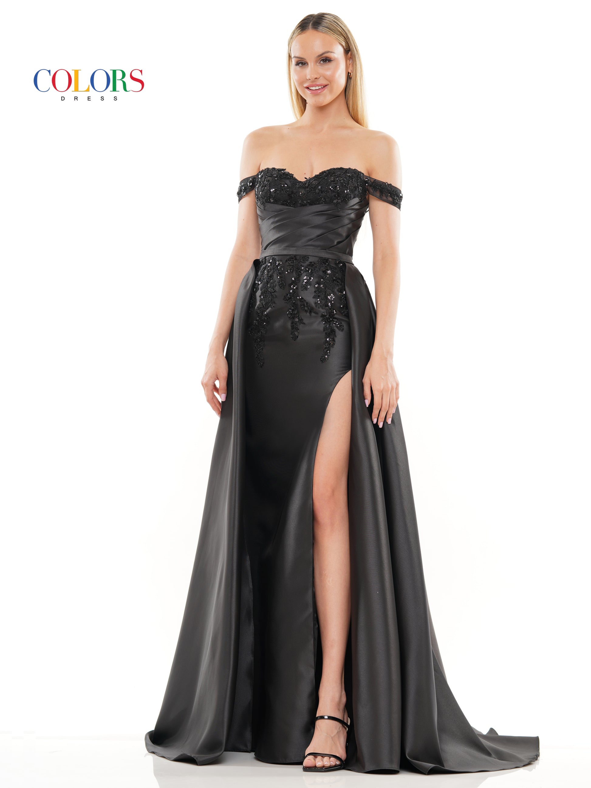 Colors 3177 Long Off Shoulder Satin Overskirt Prom Dress