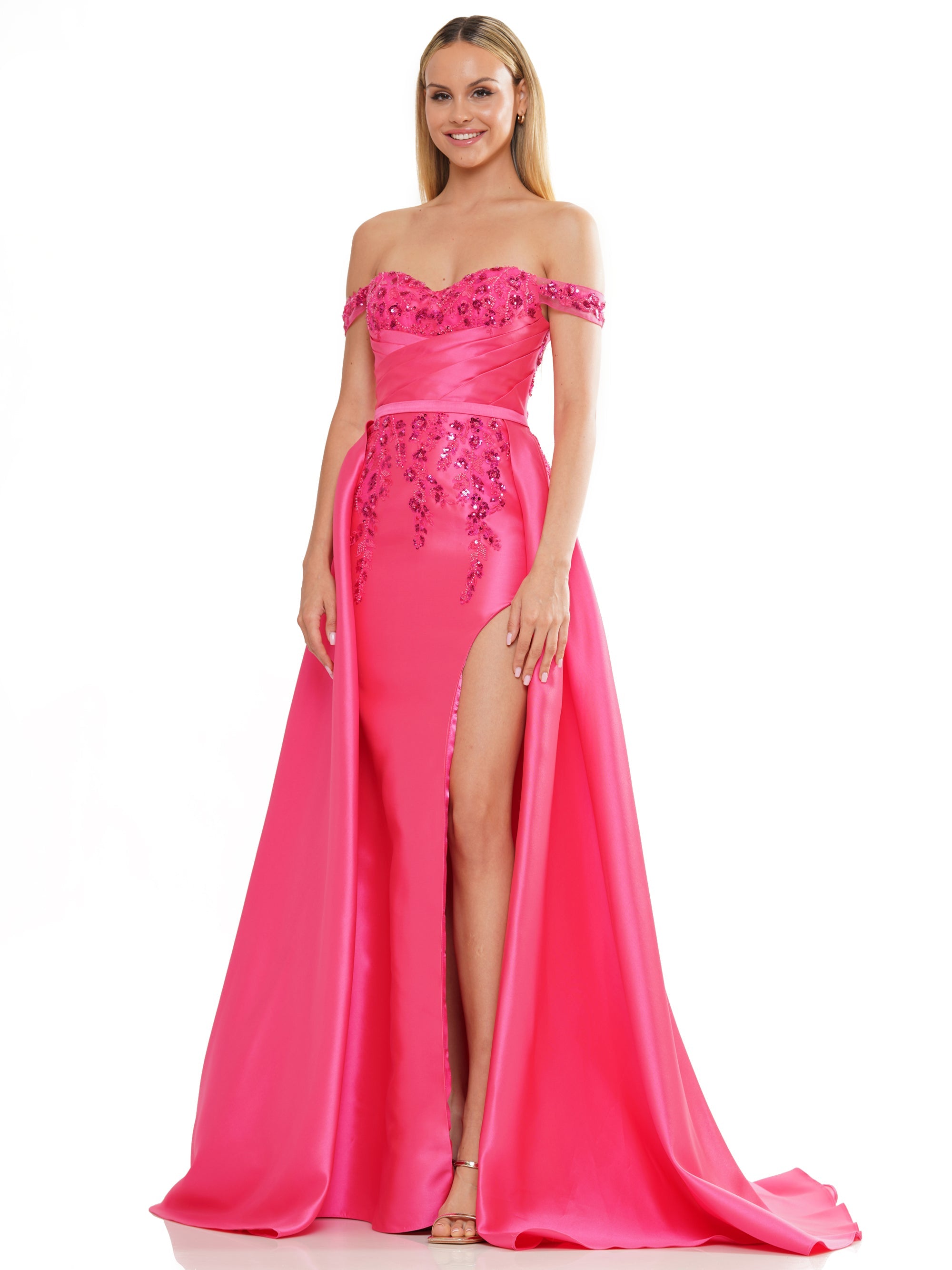 Prom Dresses Long Off Shoulder Satin Overskirt Prom Dress Pink