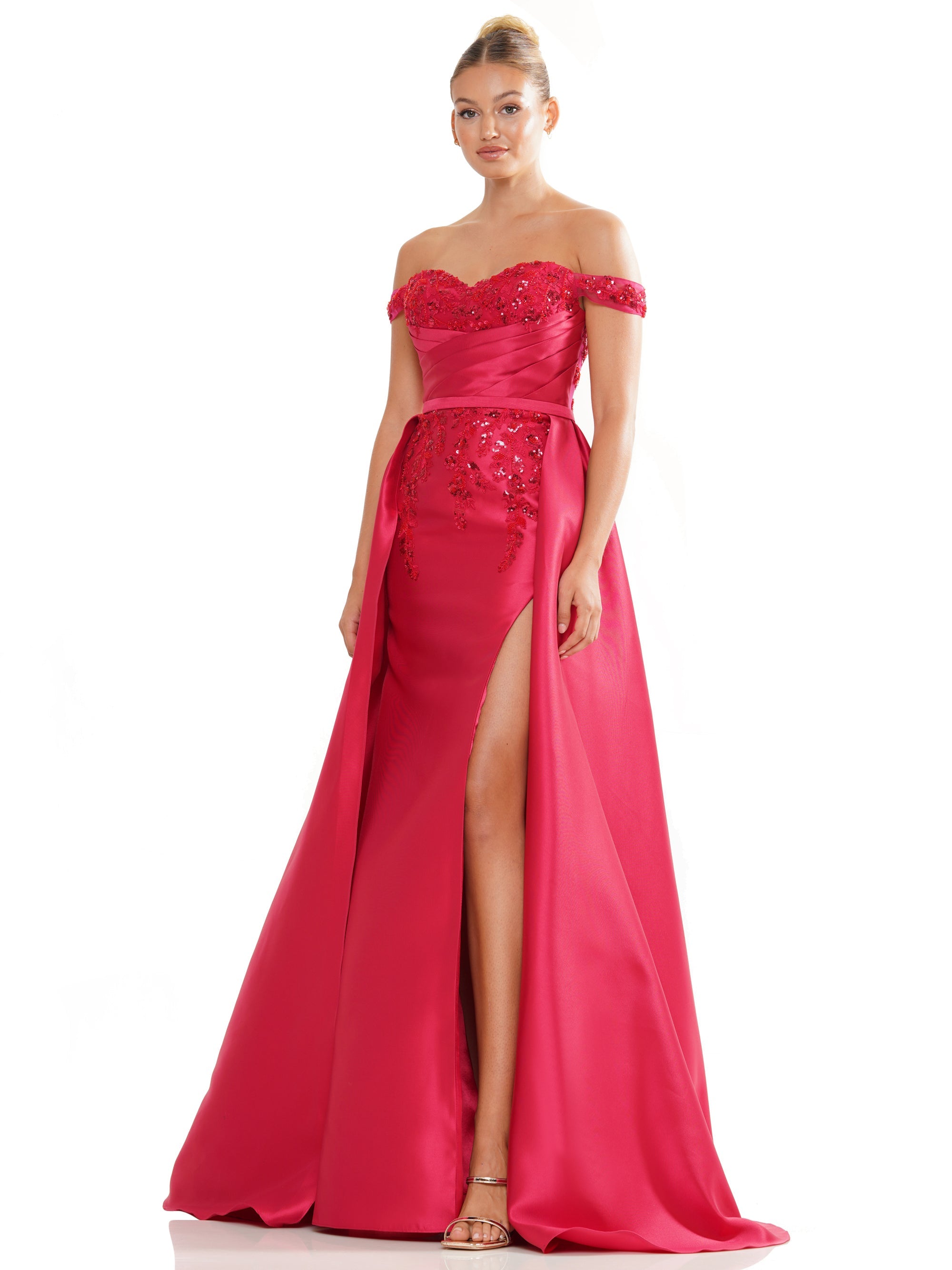 Prom Dresses Long Off Shoulder Satin Overskirt Prom Dress Red