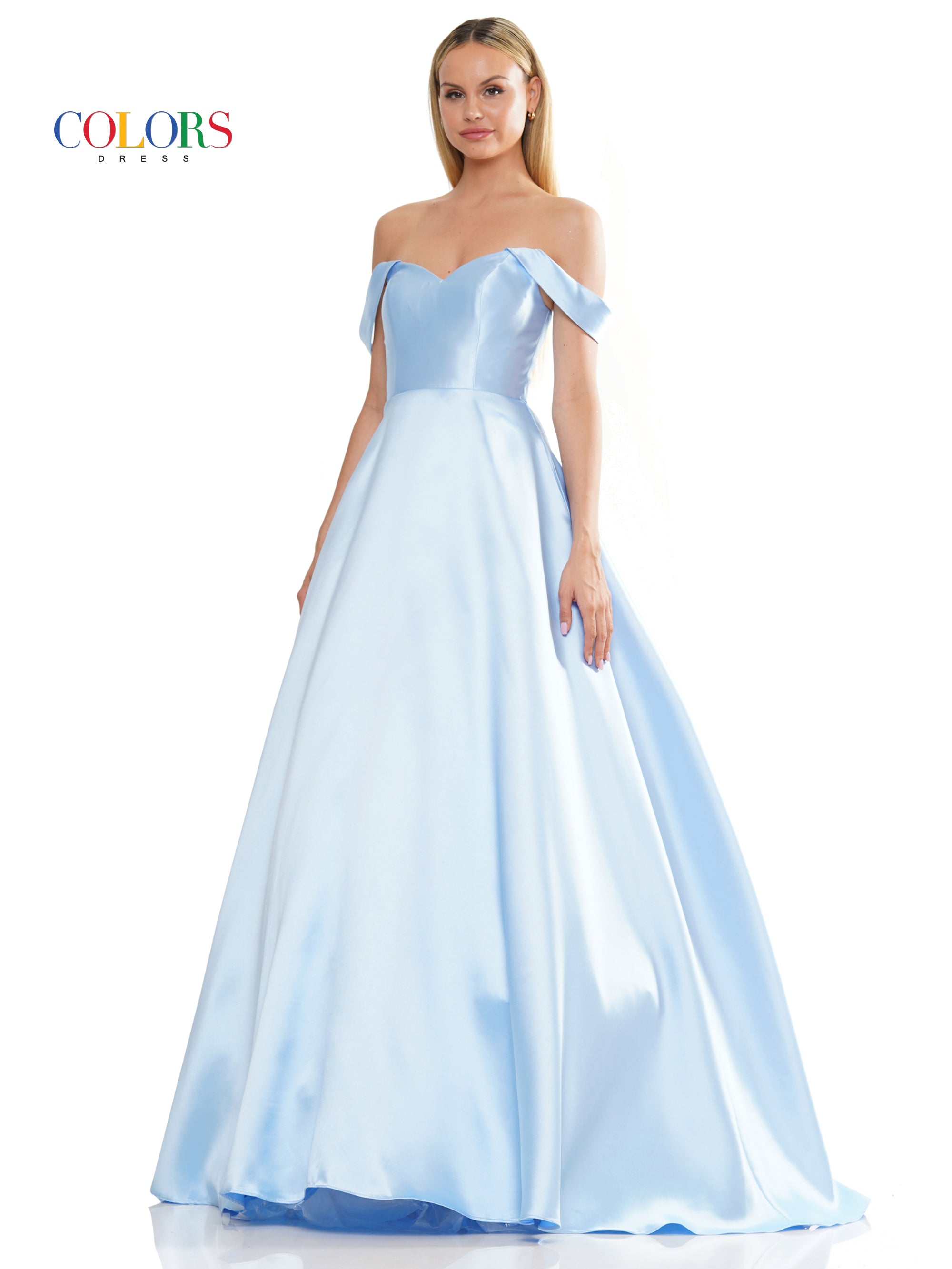 Colors 3182 Long Off Shoulder Mikado Prom Dress - Light Blue / 0 Colors 3182 Long Off Shoulder Mikado Prom Dress - Light Blue / 0