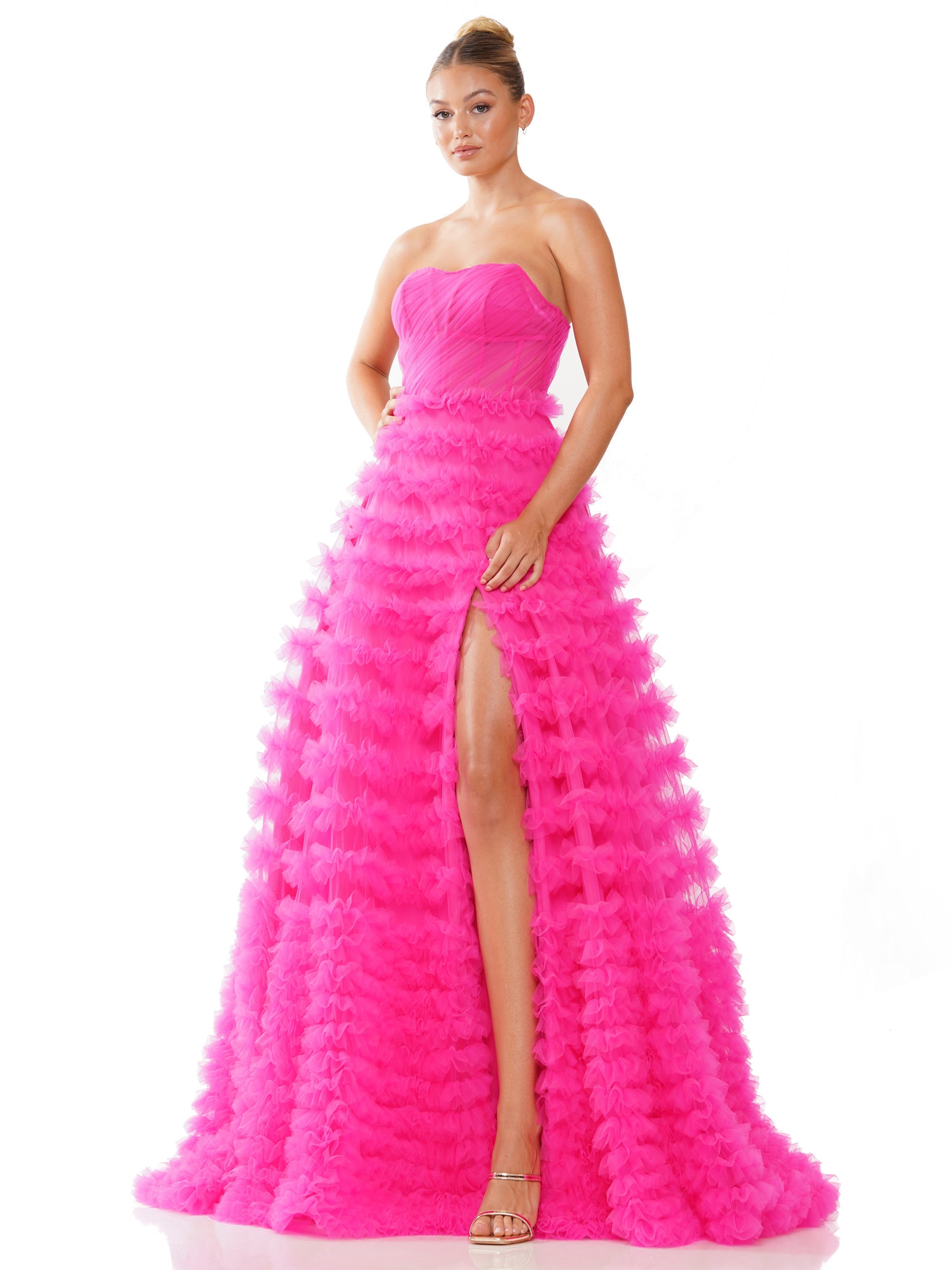 Prom Dresses Prom Long Strapless Mesh Ball Gown Hot Pink