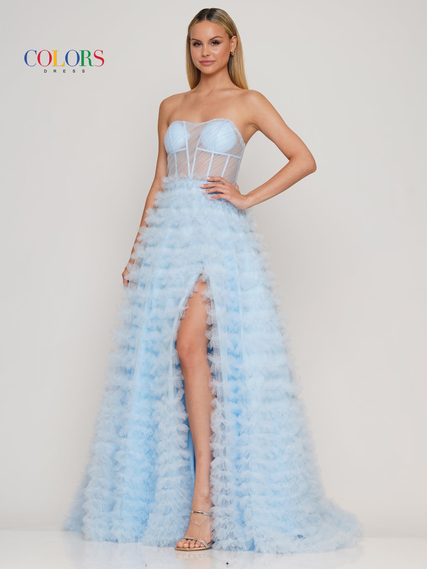 Prom Dresses Prom Long Strapless Mesh Ball Gown Light Blue