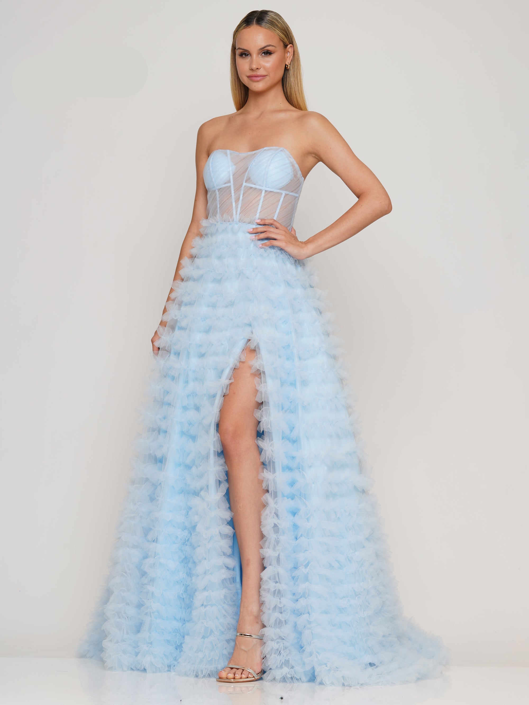 Prom Dresses Prom Long Strapless Mesh Ball Gown Light Blue