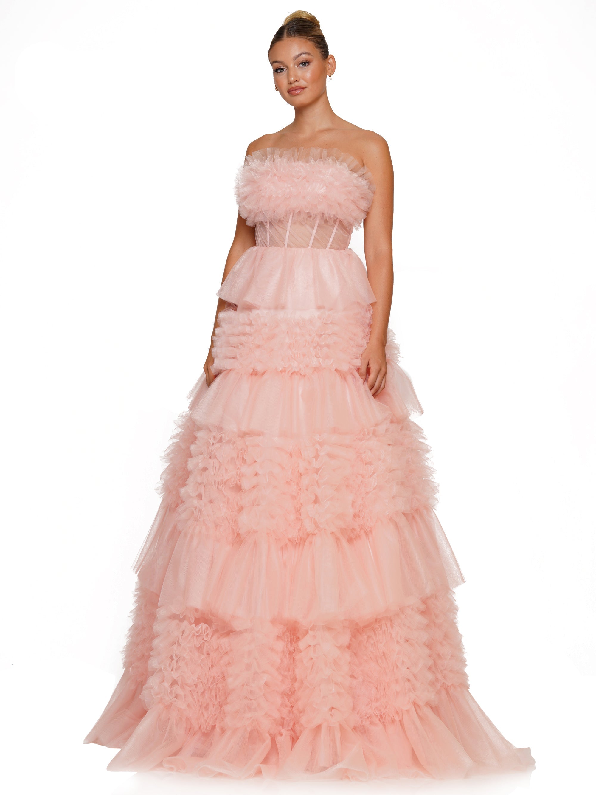 Prom Dresses Long Strapless Tiered Prom Ball Gown Blush