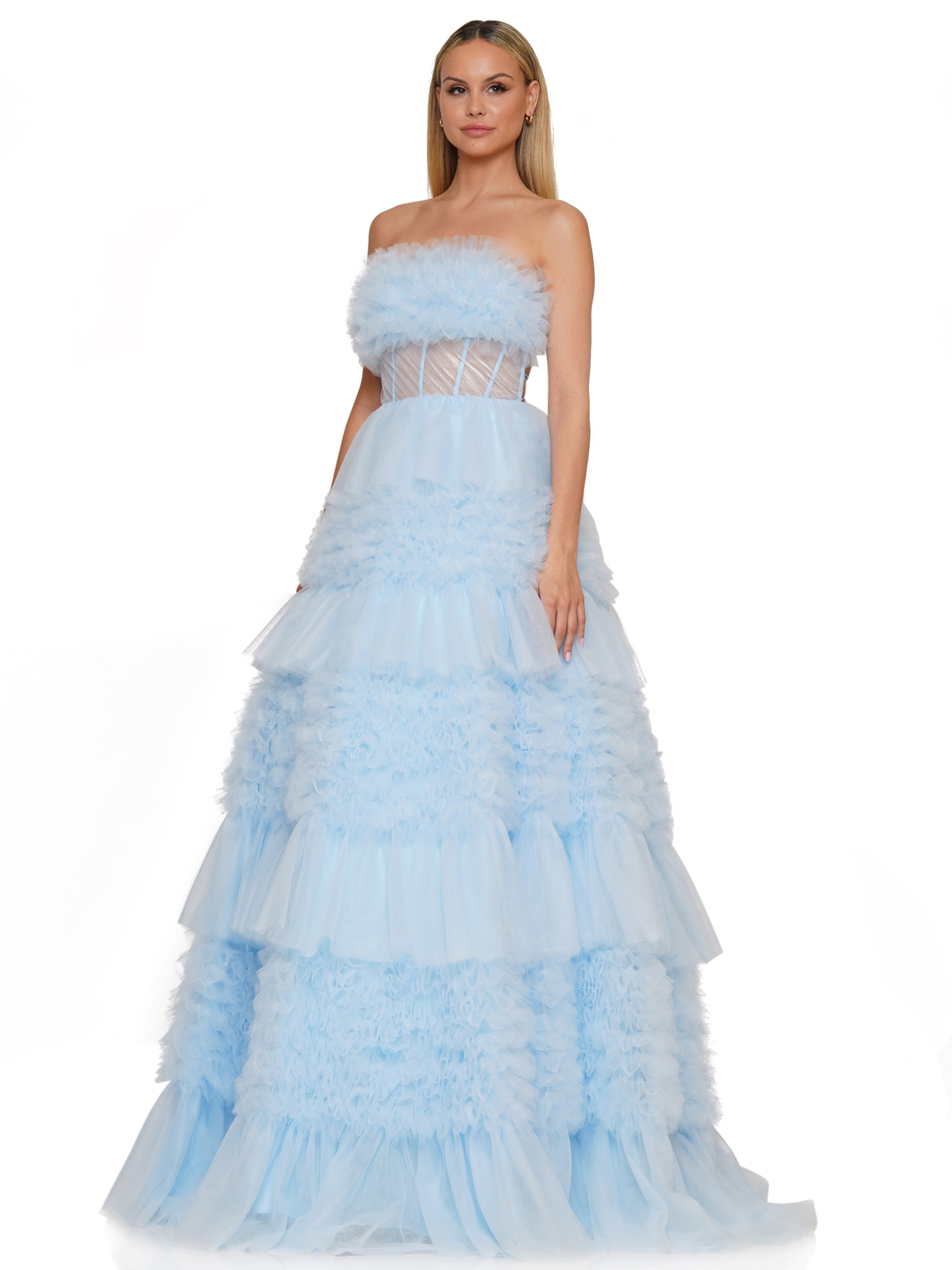 Prom Dresses Long Strapless Tiered Prom Ball Gown Light Blue