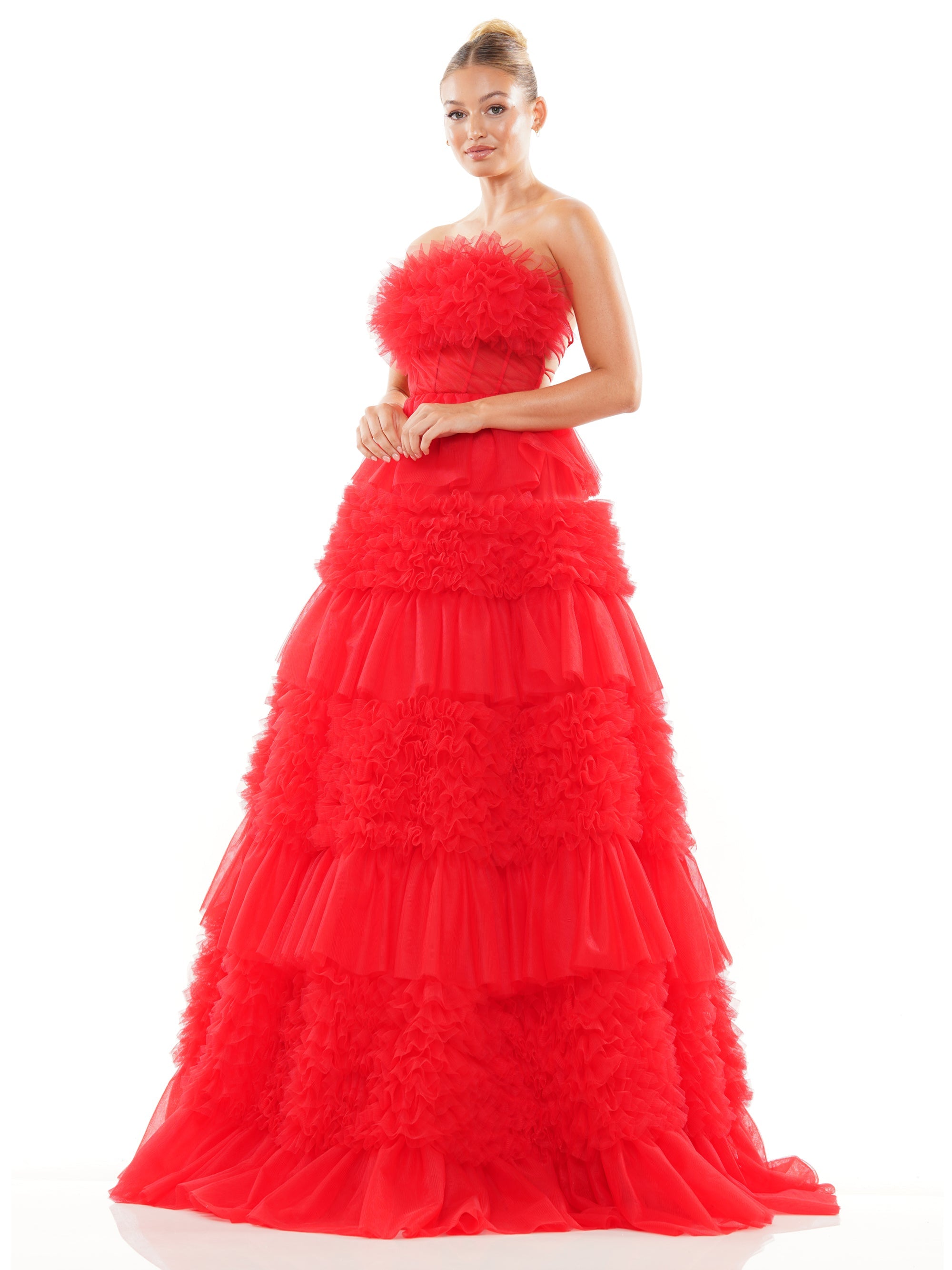 Prom Dresses Long Strapless Tiered Prom Ball Gown Red