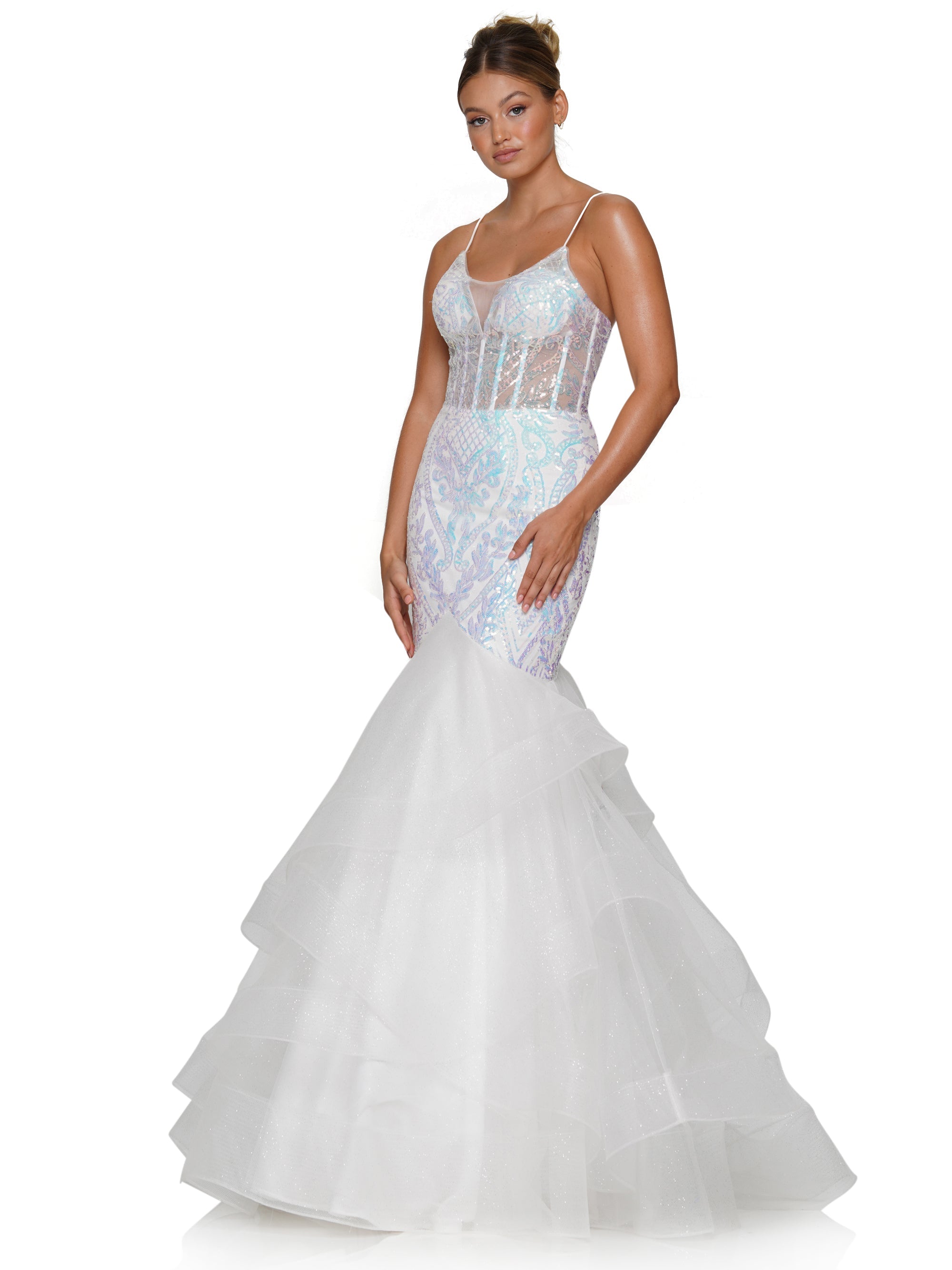 Prom Dresses Long Spaghetti Strap Glitter Mermaid Prom Dress White