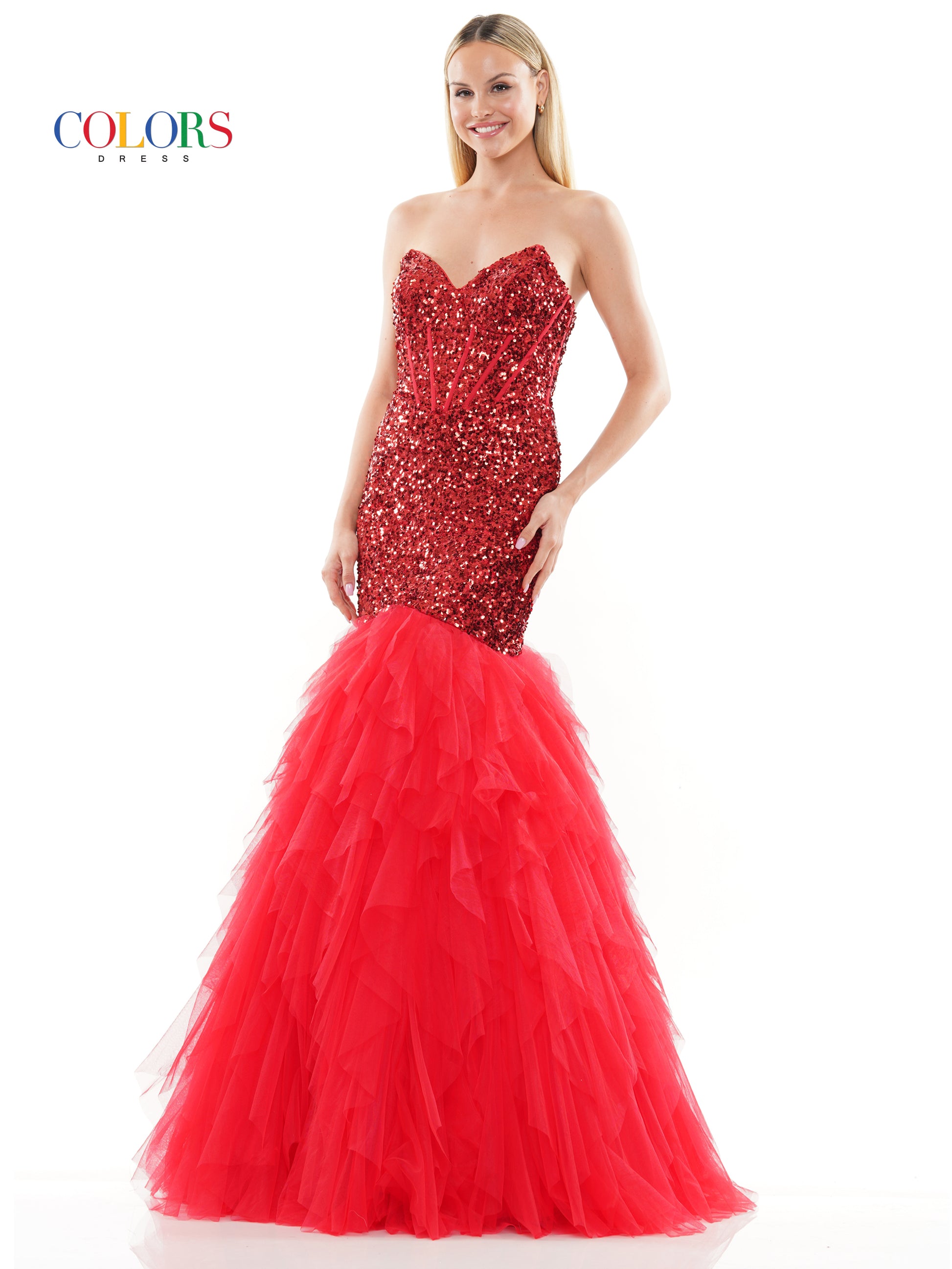 Colors 3202 Long Strapless Formal Mermaid Prom Dress