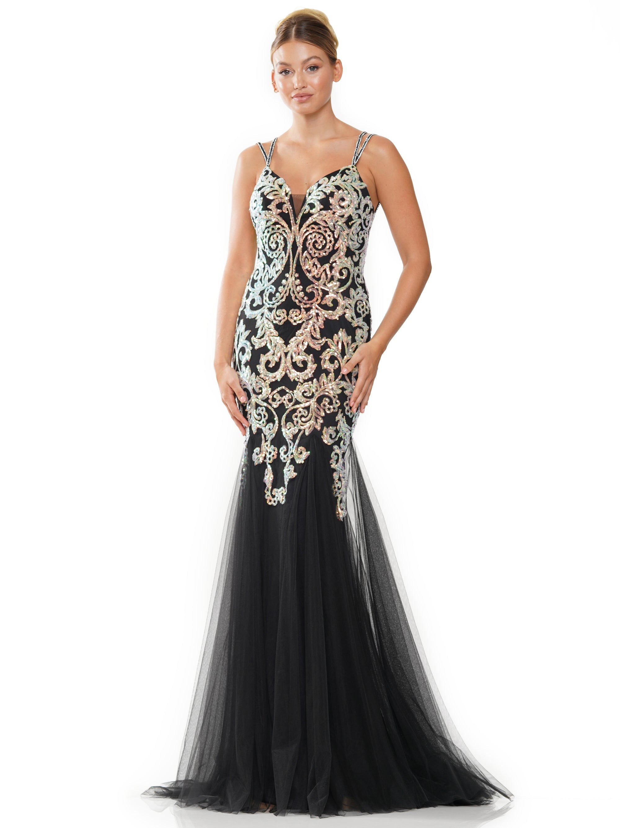 Black Colors 3208 Long Formal Sequin Mesh Prom Dress - Prom Dresses & Gowns