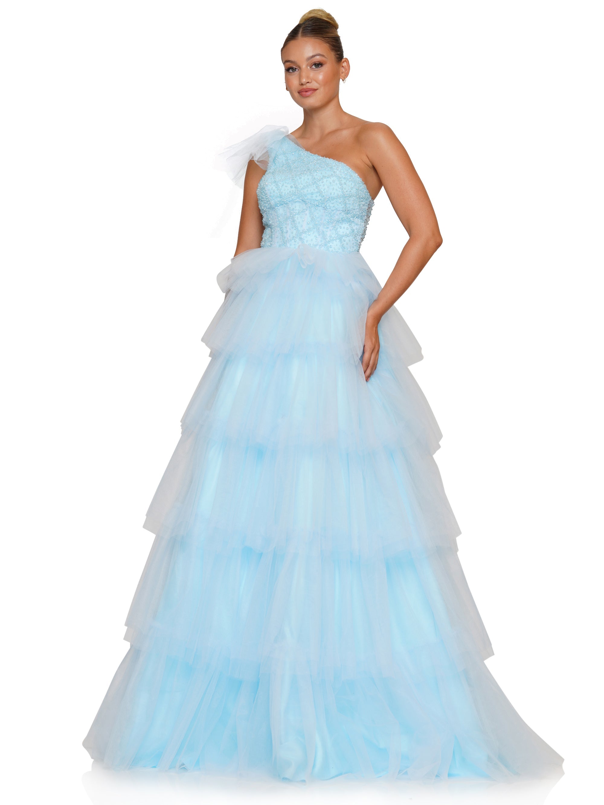 Prom Dresses Prom Long One Shoulder Beaded Mesh Ball Gown Light Blue