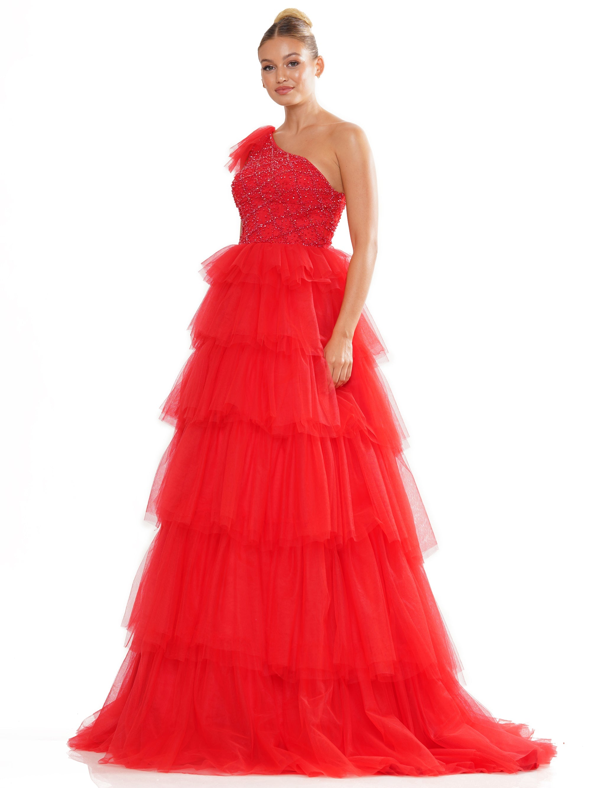 Prom Dresses Prom Long One Shoulder Beaded Mesh Ball Gown Red