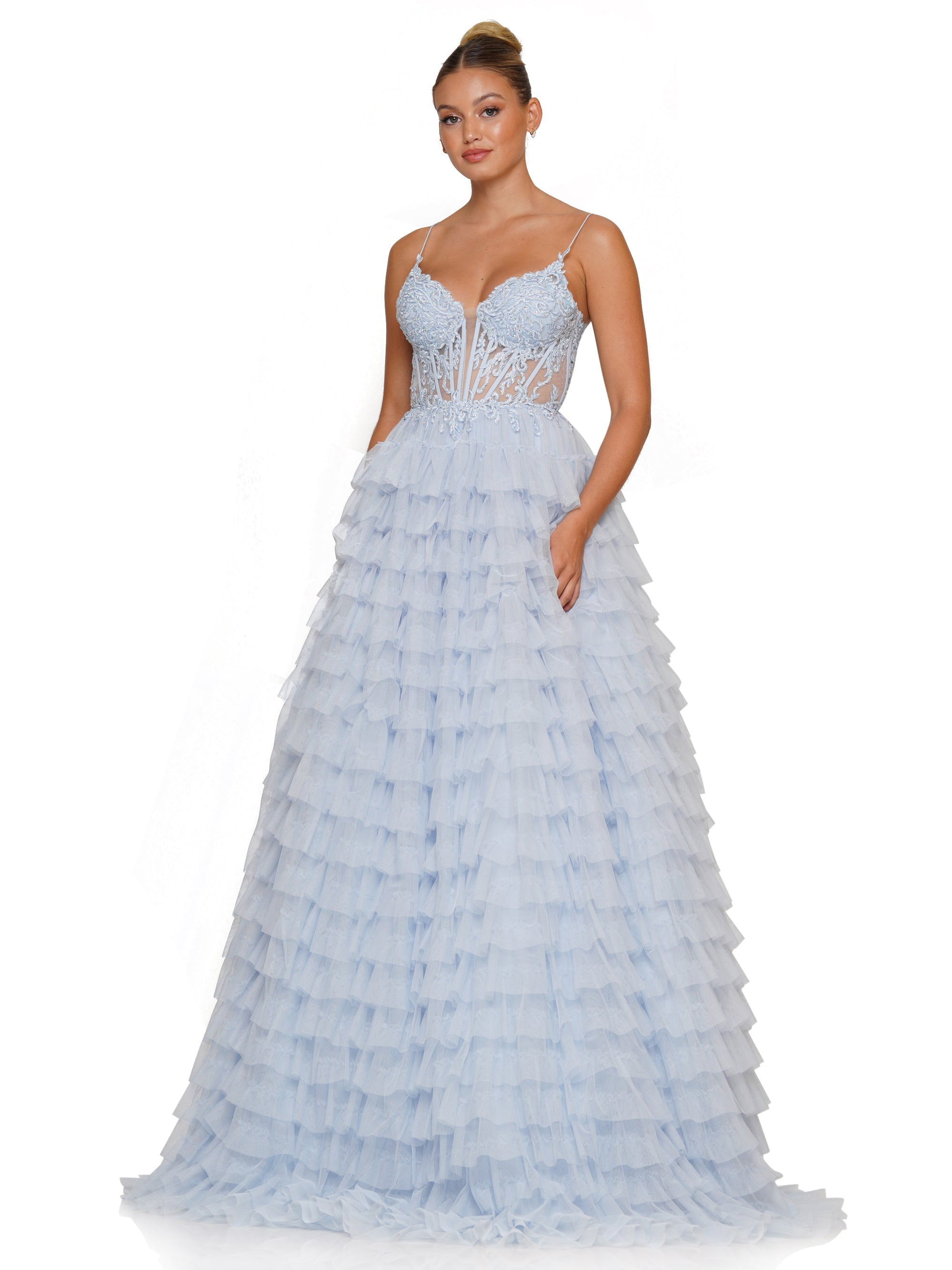 Prom Dresses Prom Long Spaghetti Strap Beaded mesh ball Gown Light Blue