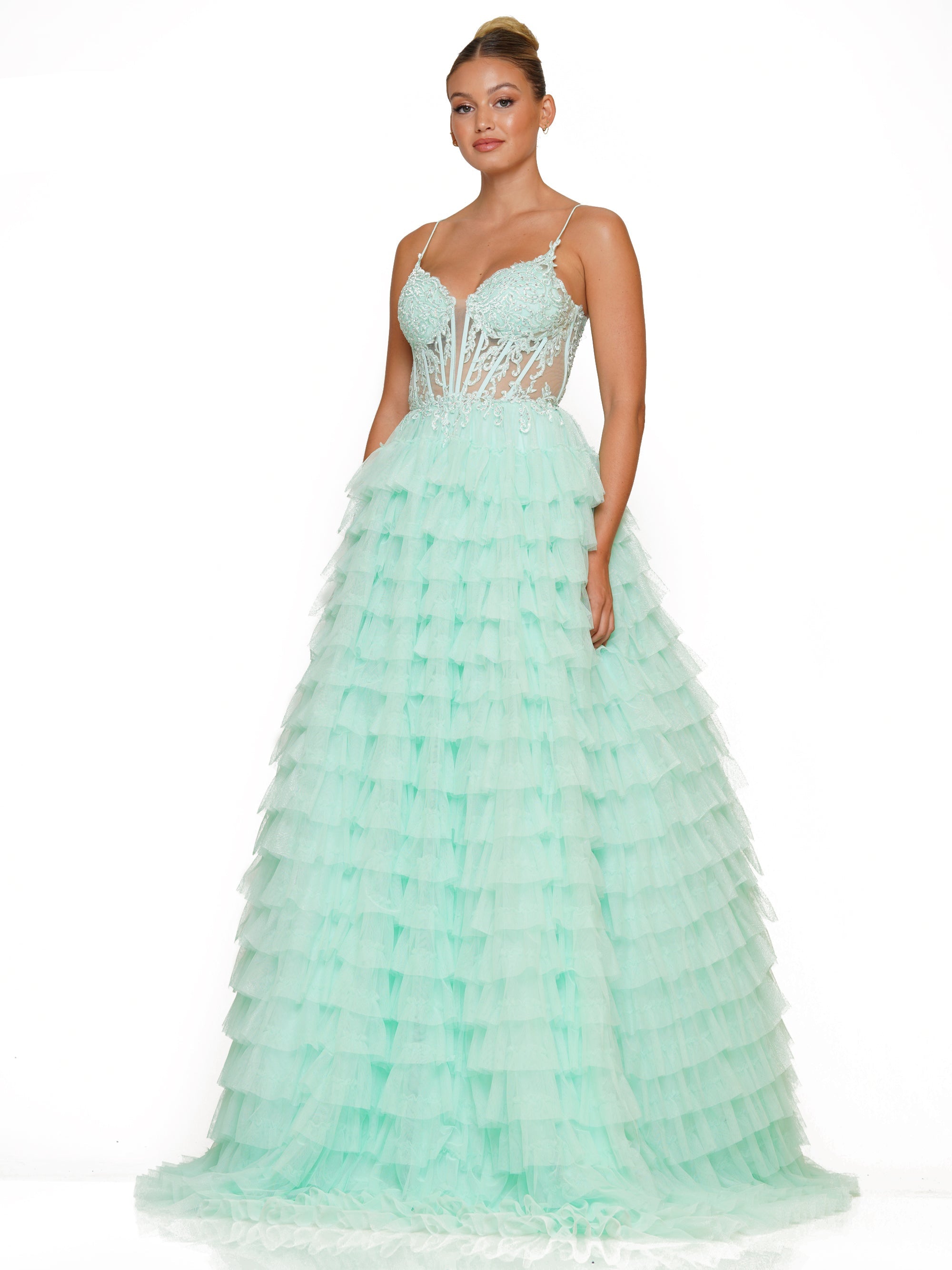 Prom Dresses Prom Long Spaghetti Strap Beaded mesh ball Gown Mint
