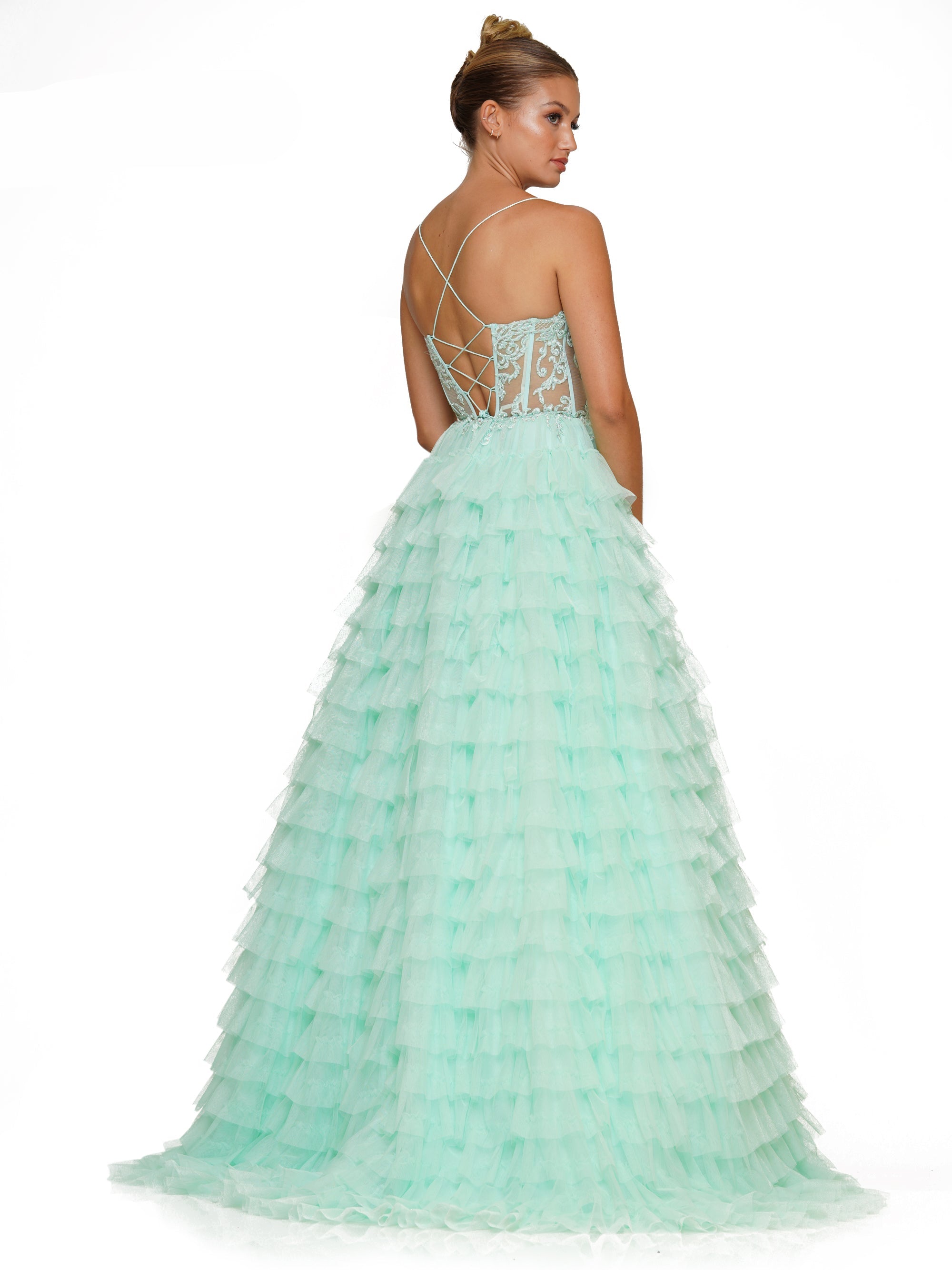 Colors 3219 Prom Long Spaghetti Strap Beaded mesh ball Gown - Light Blue / 10 Colors 3219 Prom Long Spaghetti Strap Beaded mesh ball Gown - Light Blue / 10