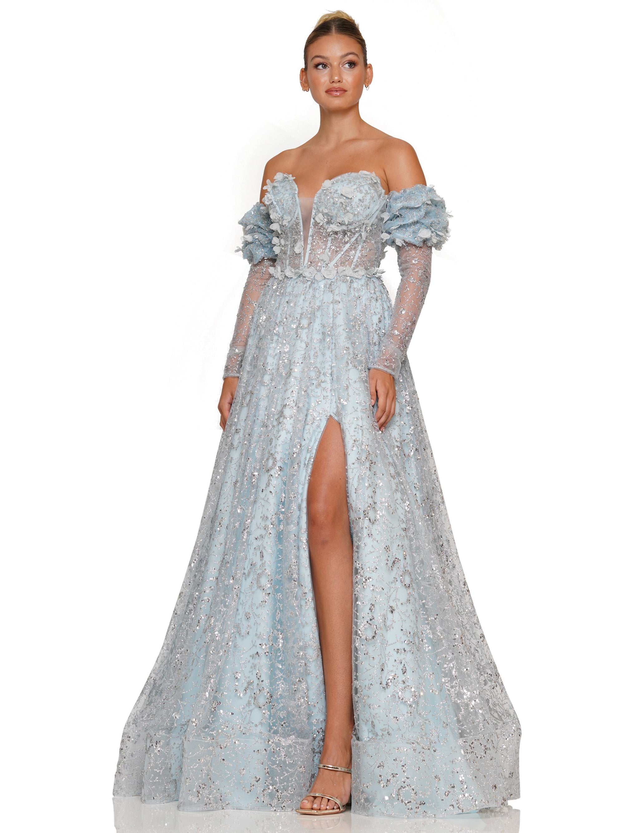 Prom Dresses Prom Long Formal Glitter Mesh Ball Gown Light Blue