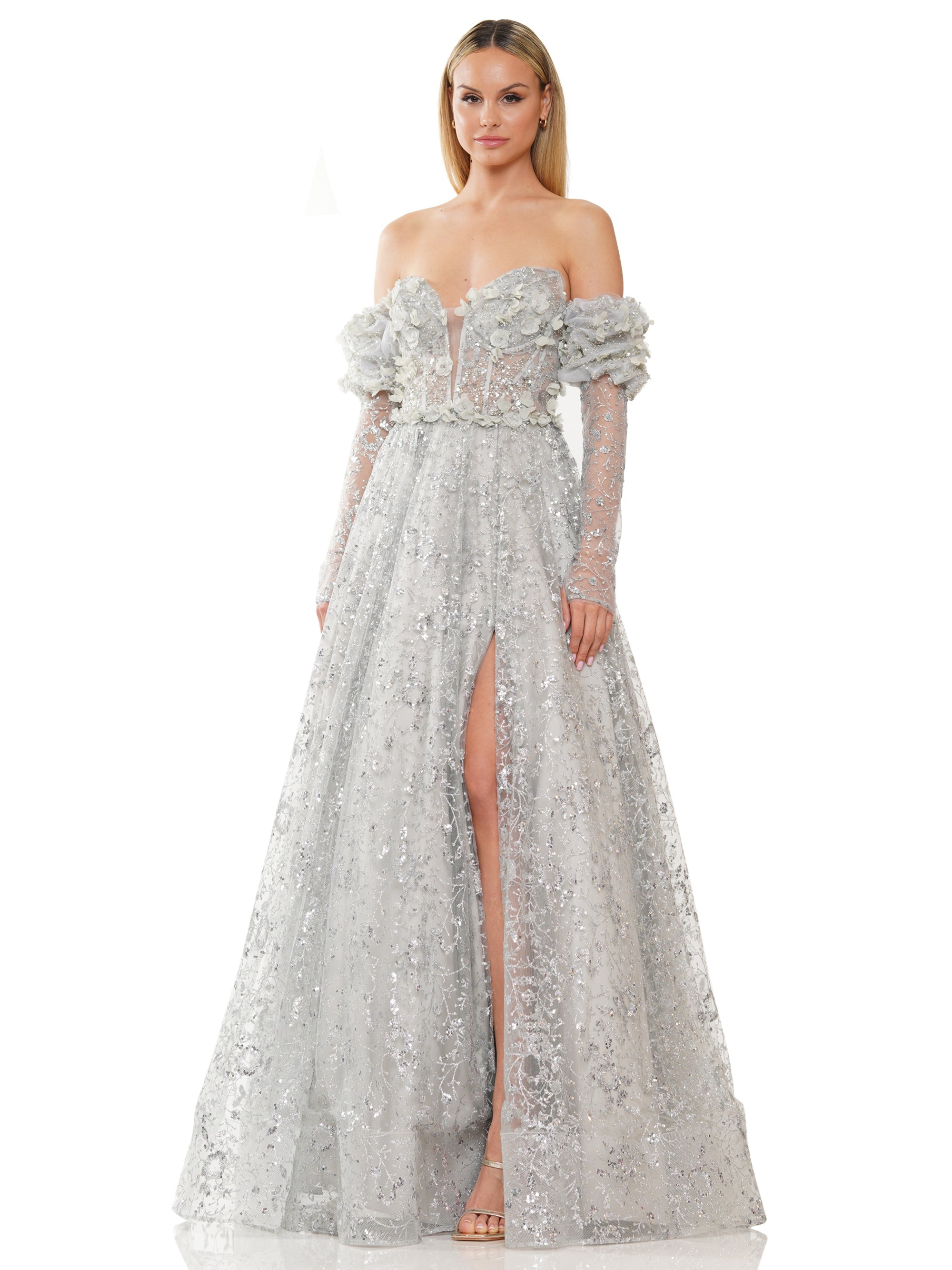 Prom Dresses Prom Long Formal Glitter Mesh Ball Gown Silver