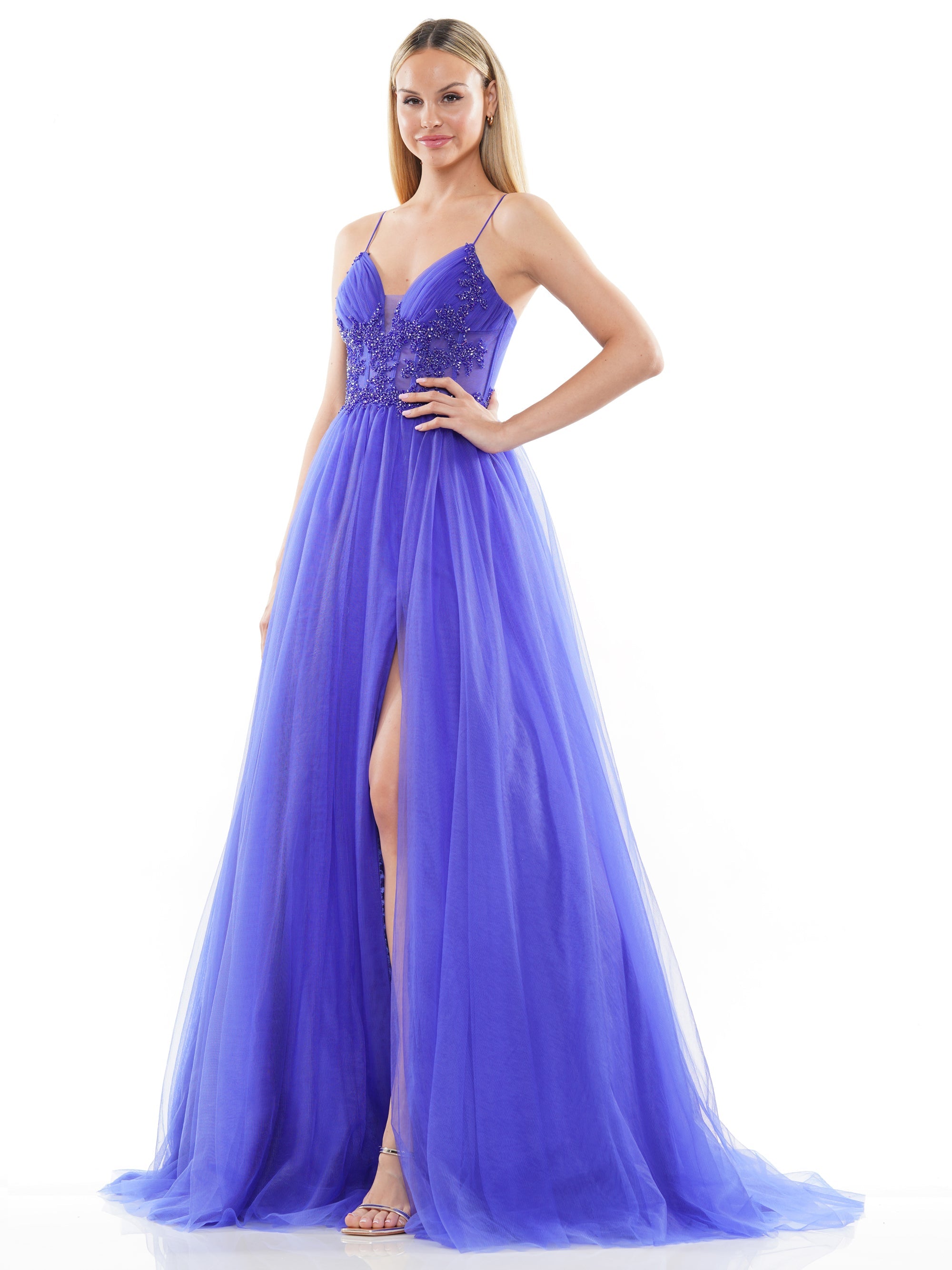 Prom Dresses Long Spaghetti Strap Beaded Mesh Prom Ball Gown Royal