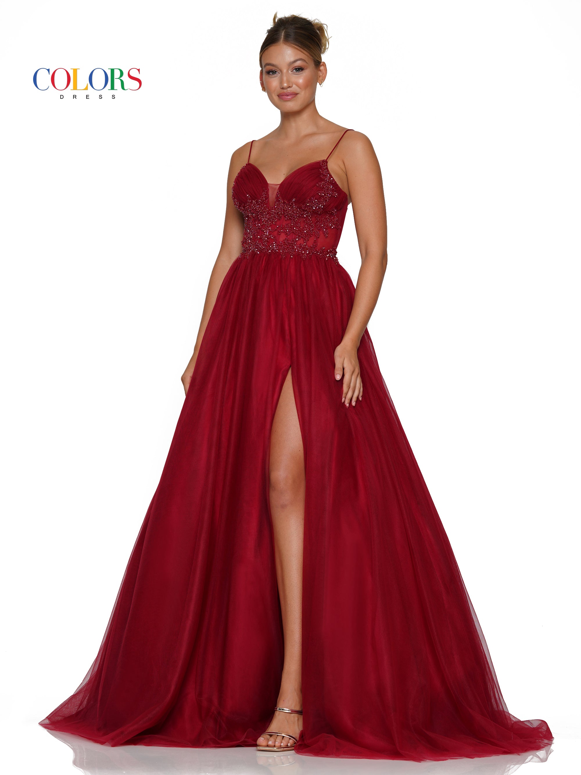 Prom Dresses Long Spaghetti Strap Beaded Mesh Prom Ball Gown Wine