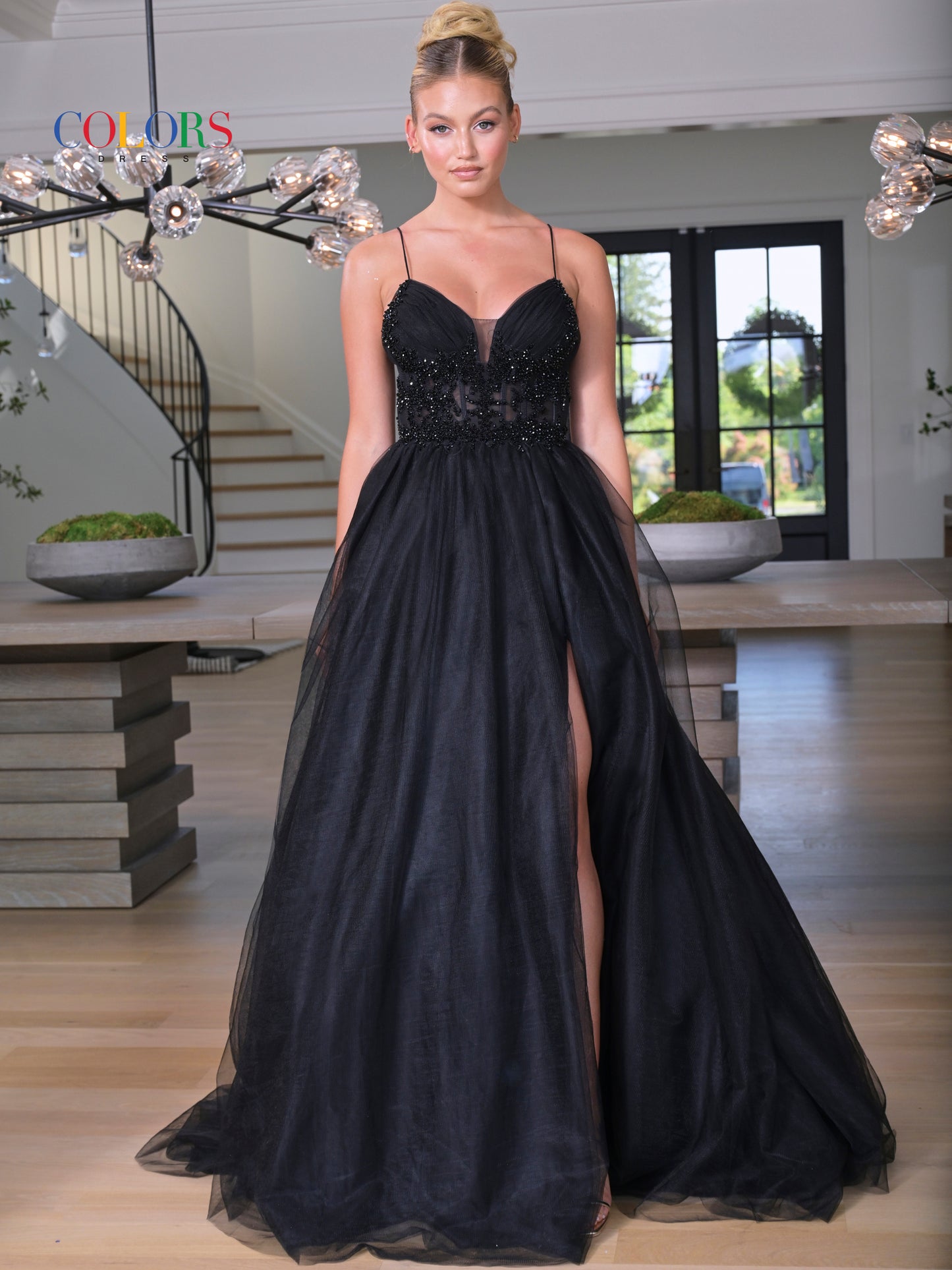 Prom Dresses Long Spaghetti Strap Beaded Mesh Prom Ball Gown Black