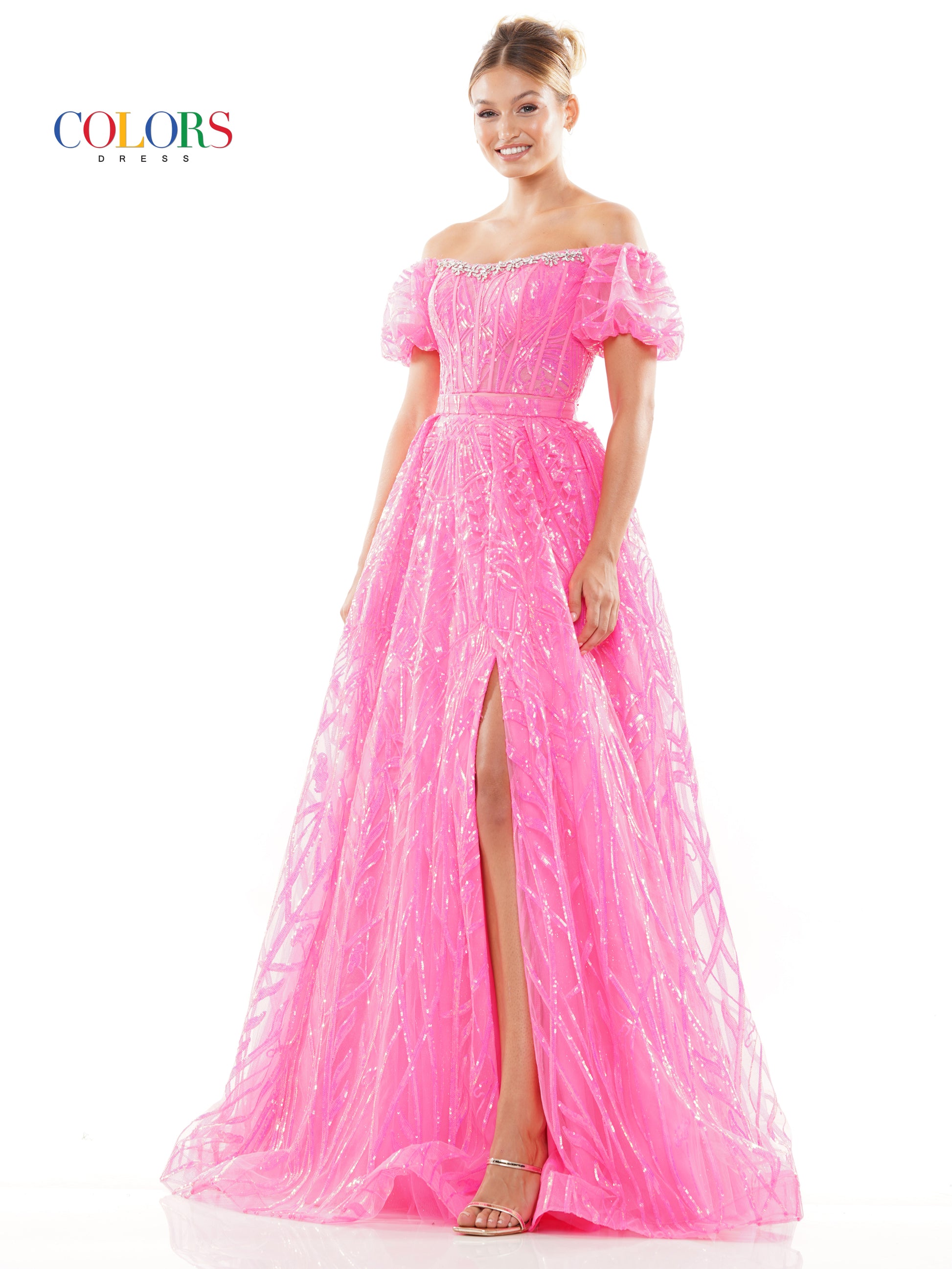Colors 3232 Prom Long Off Shoulder Glitter Mesh Ball Gown