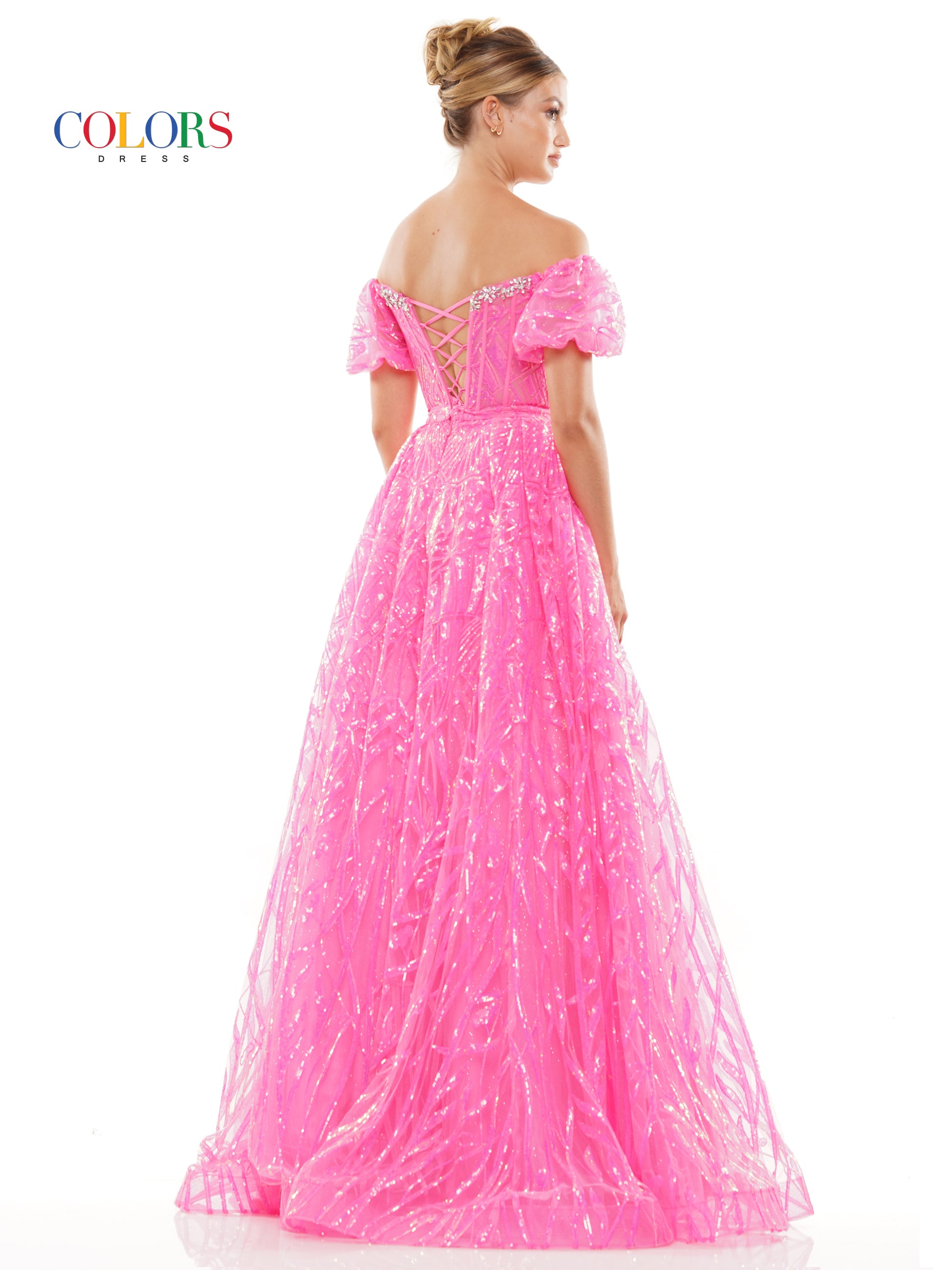 Colors 3232 Prom Long Off Shoulder Glitter Mesh Ball Gown
