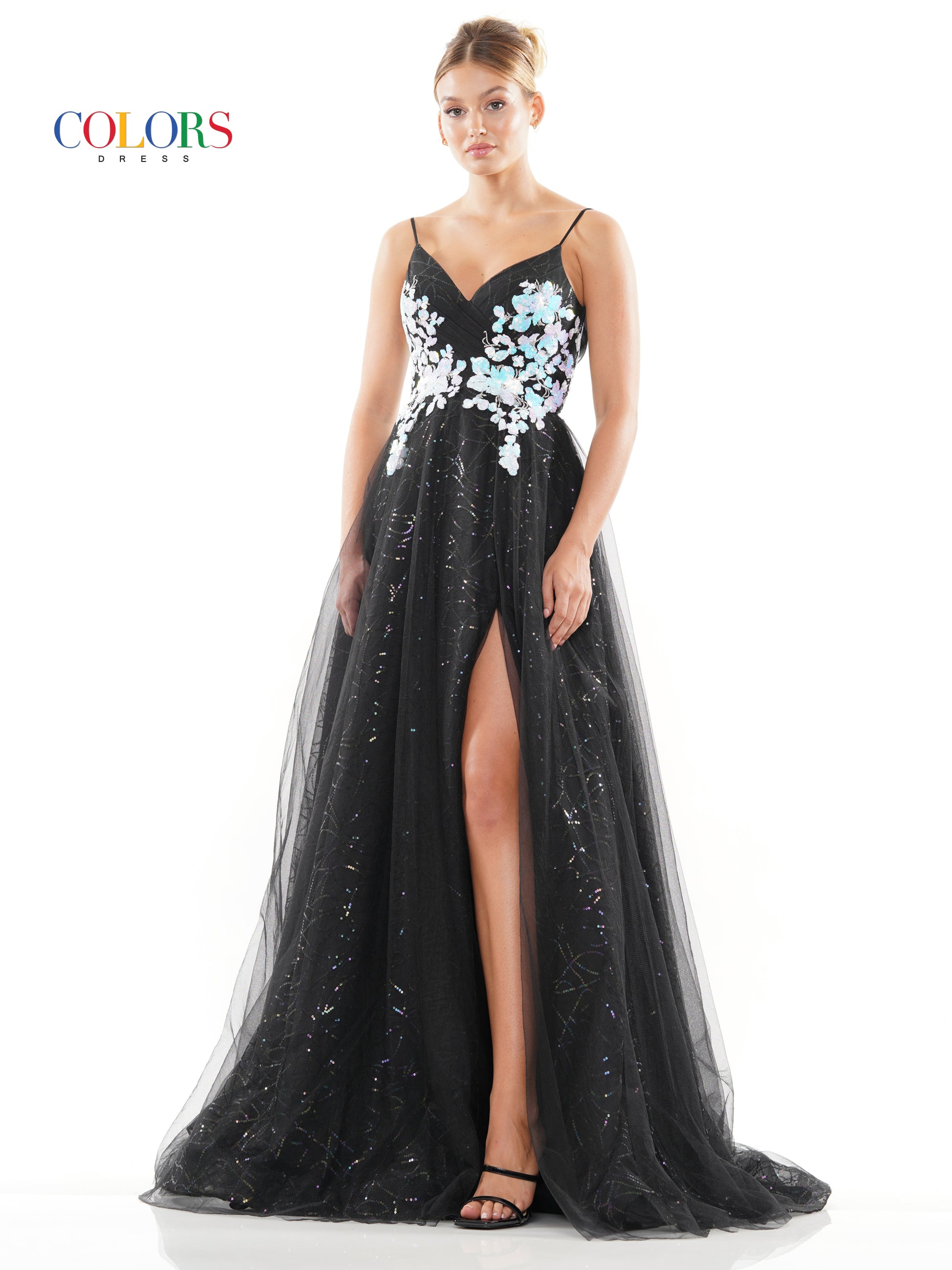 Colors 3235 Prom Long Spaghetti Strap Glitter Ball Gown