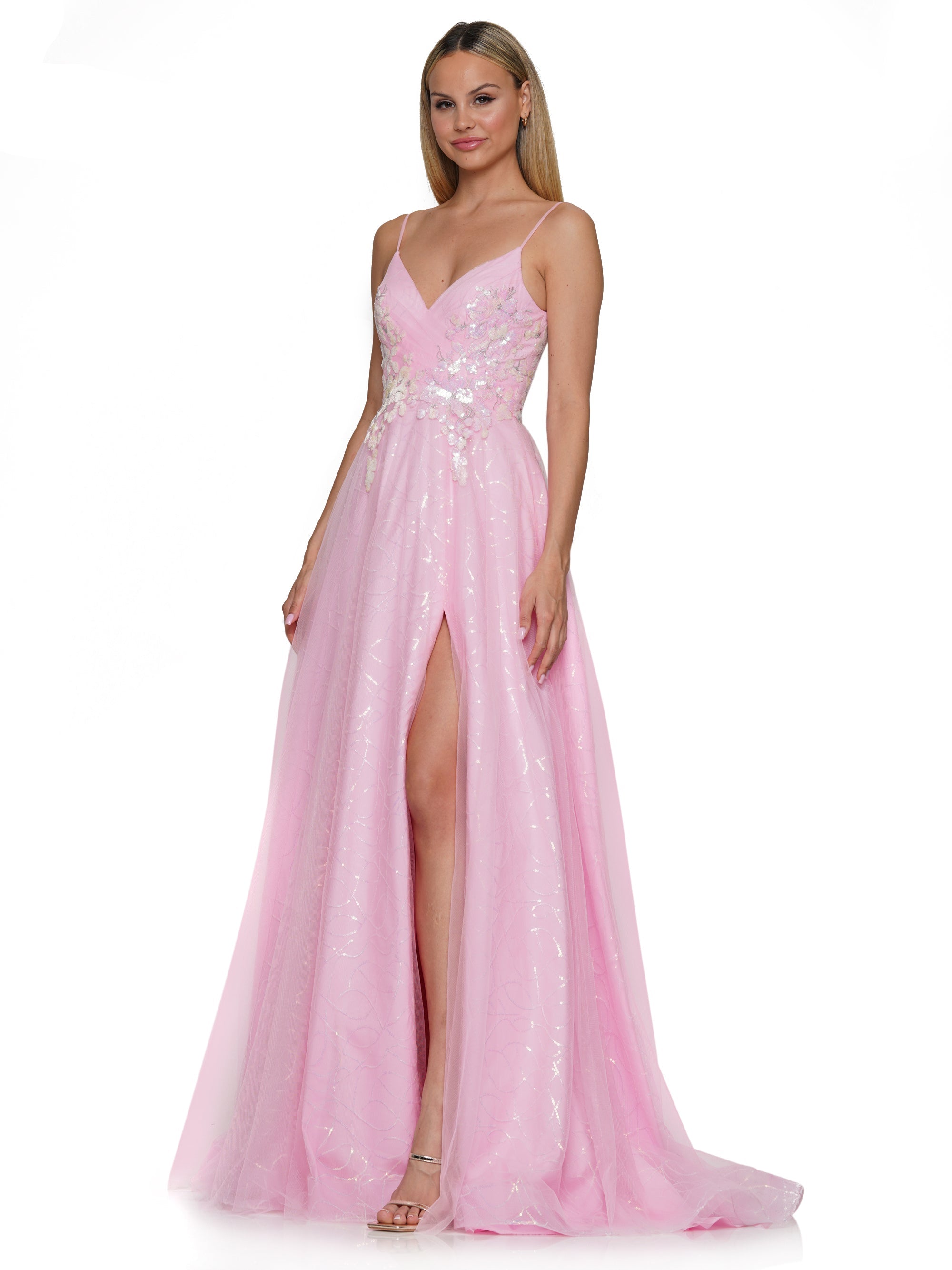 Prom Dresses Prom Long Spaghetti Strap Glitter Ball Gown Pink