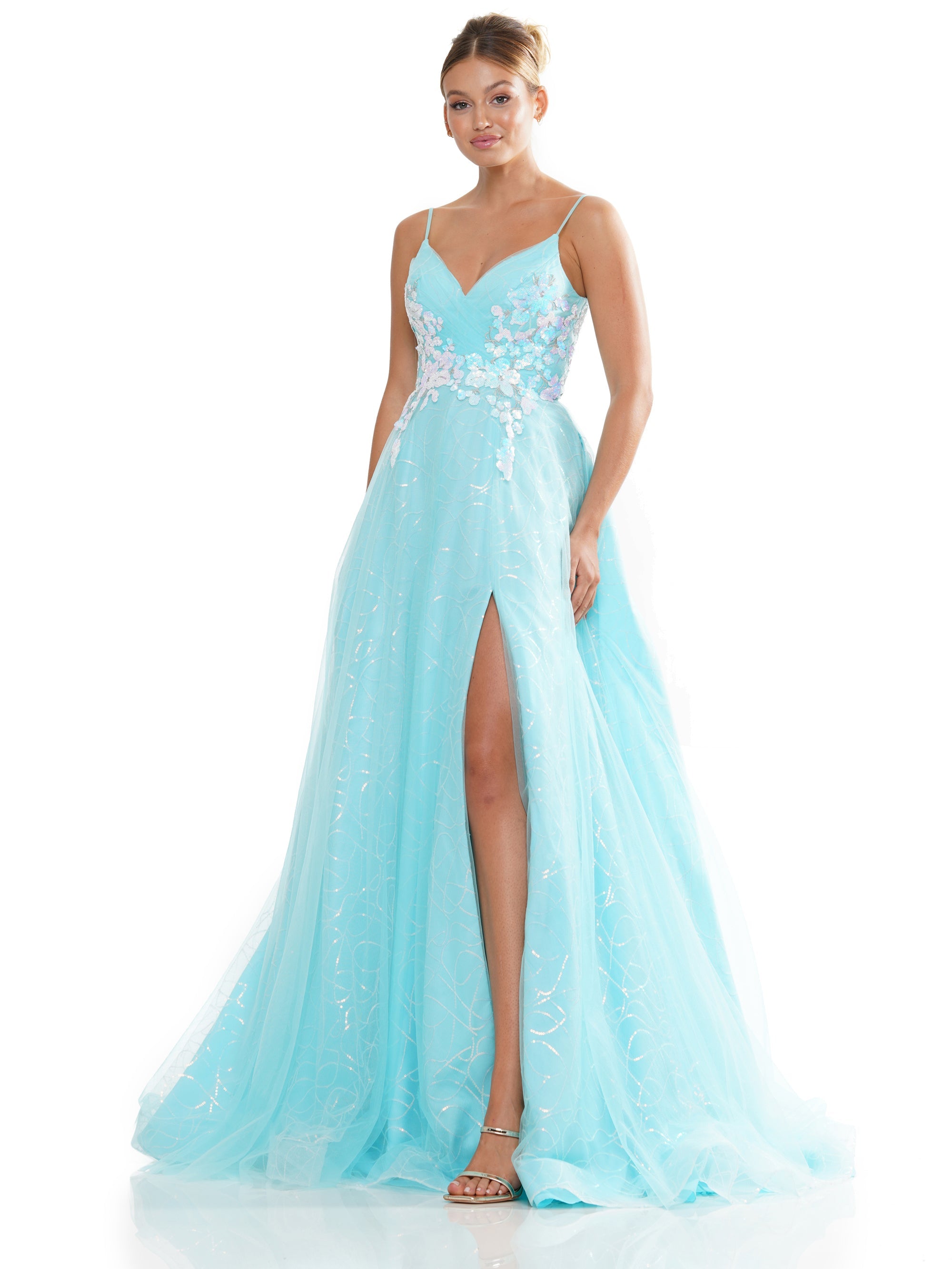 Prom Dresses Prom Long Spaghetti Strap Glitter Ball Gown Tiffany Blue