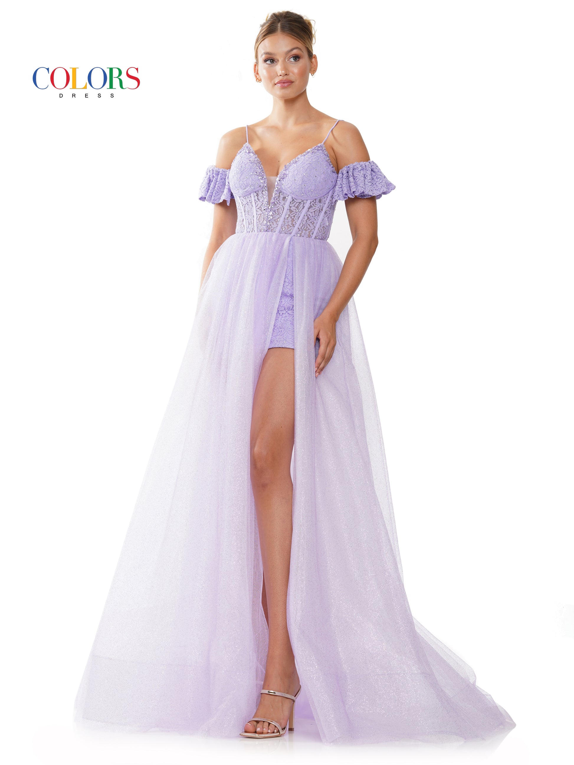 Colors 3236 Long Off Shoulder A Line Prom Dress