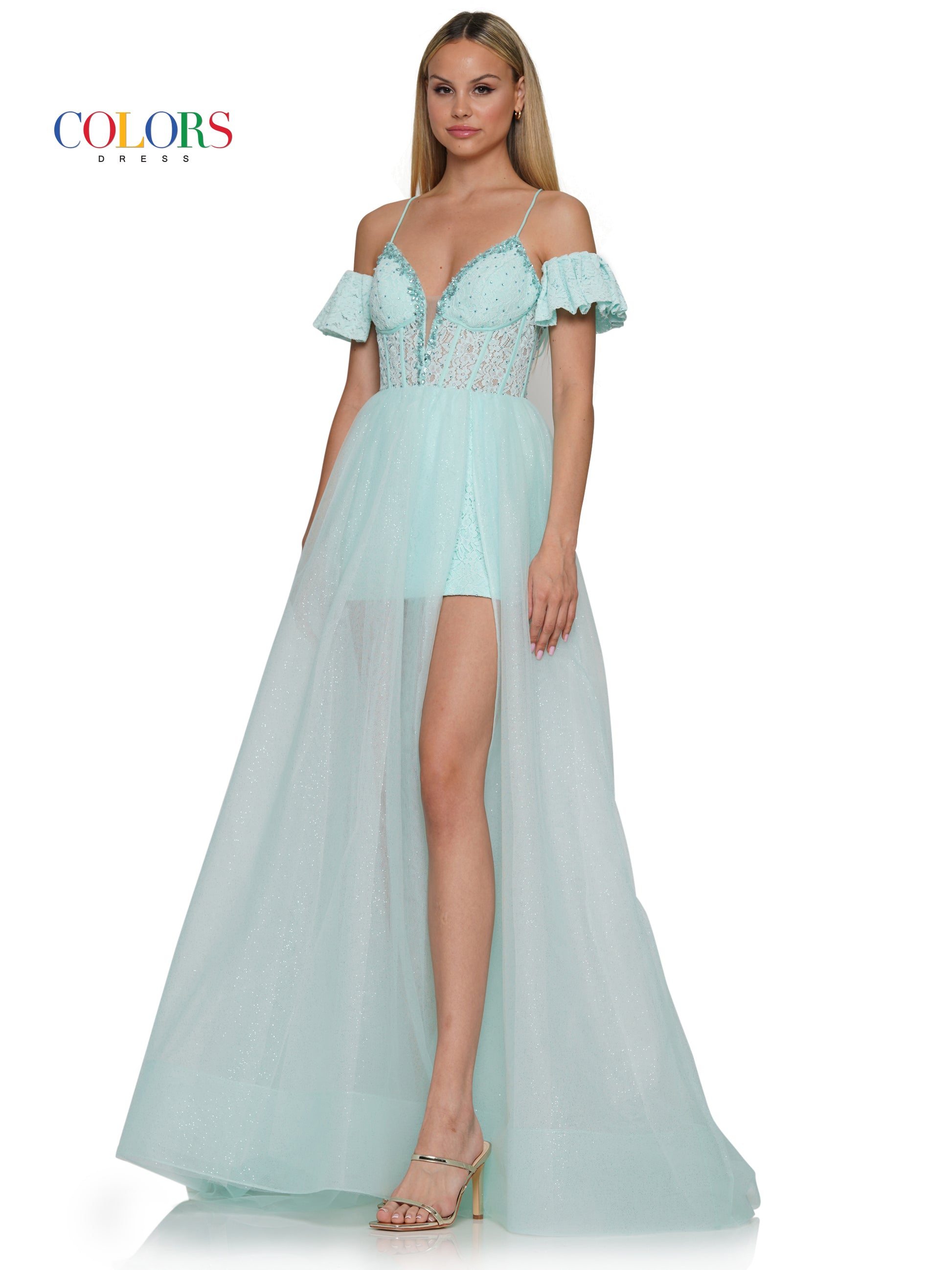 Colors 3236 Long Off Shoulder A Line Prom Dress