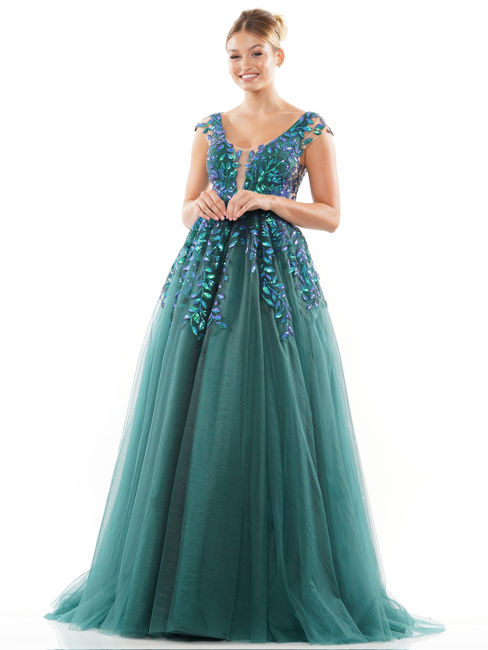 Prom Dresses Long Cap Sleeve Prom Ball Gown Deep Green