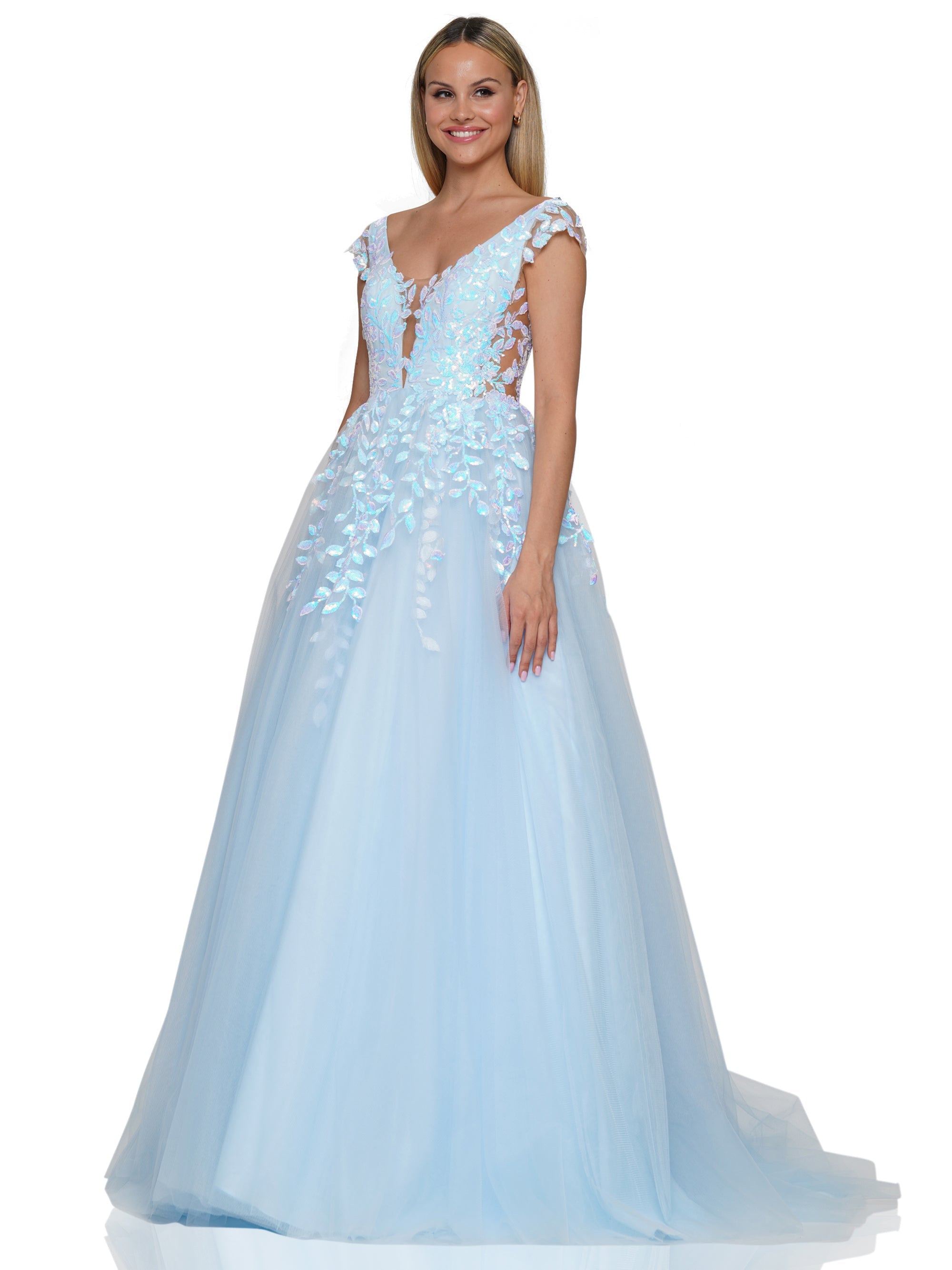 Prom Dresses Long Cap Sleeve Prom Ball Gown Light Blue