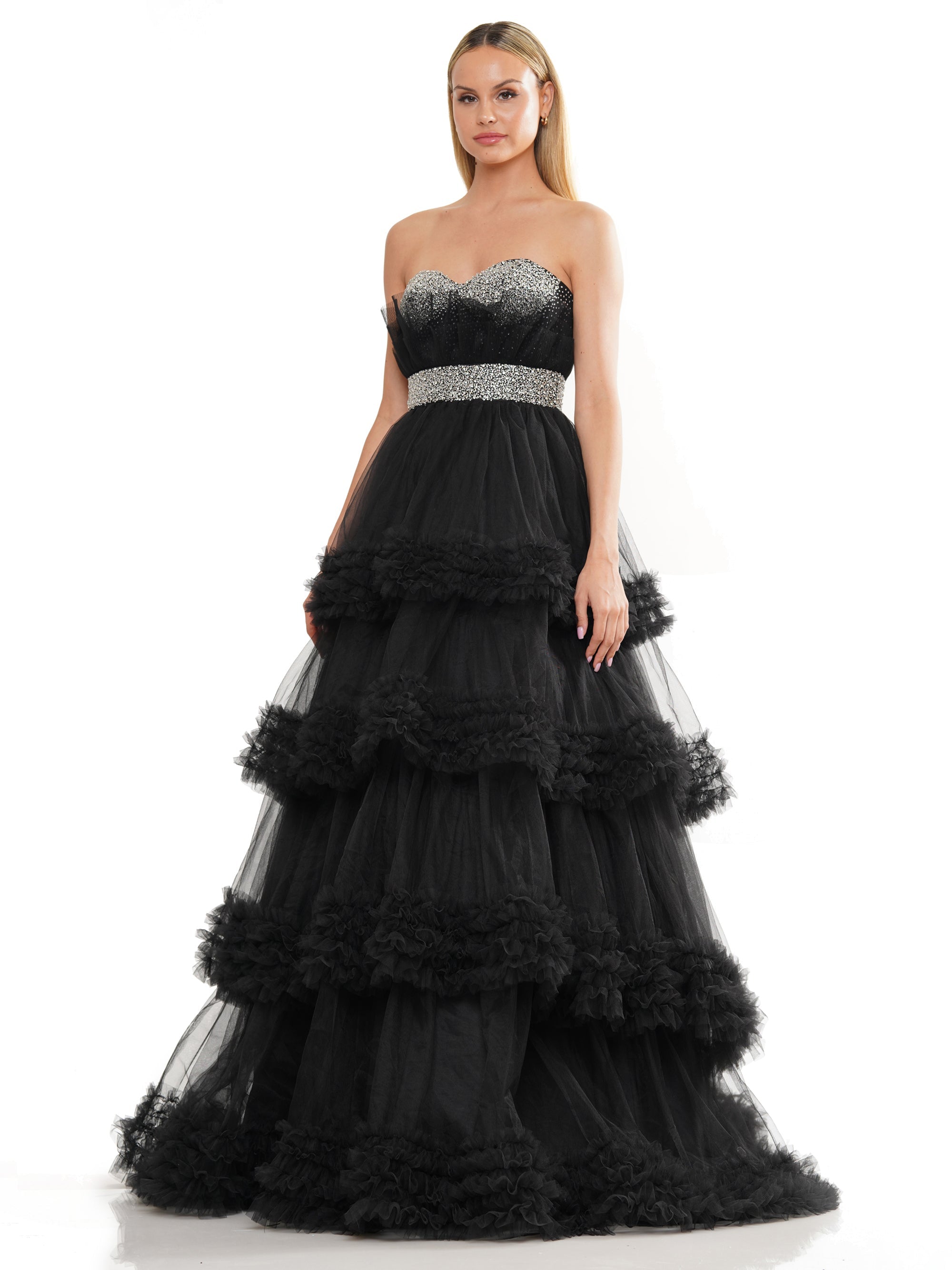 Prom Dresses Prom Long Strapless Tiered Ball Gown  Black