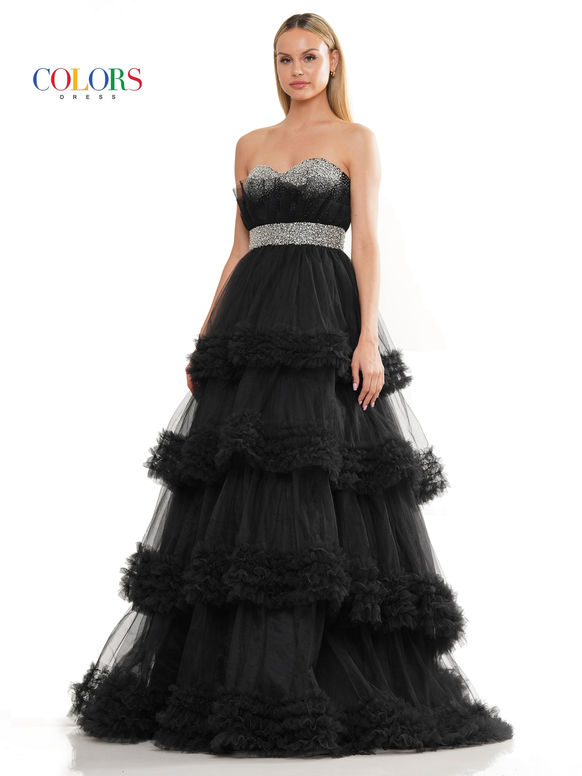 Colors 3245 Prom Long Strapless Tiered Ball Gown