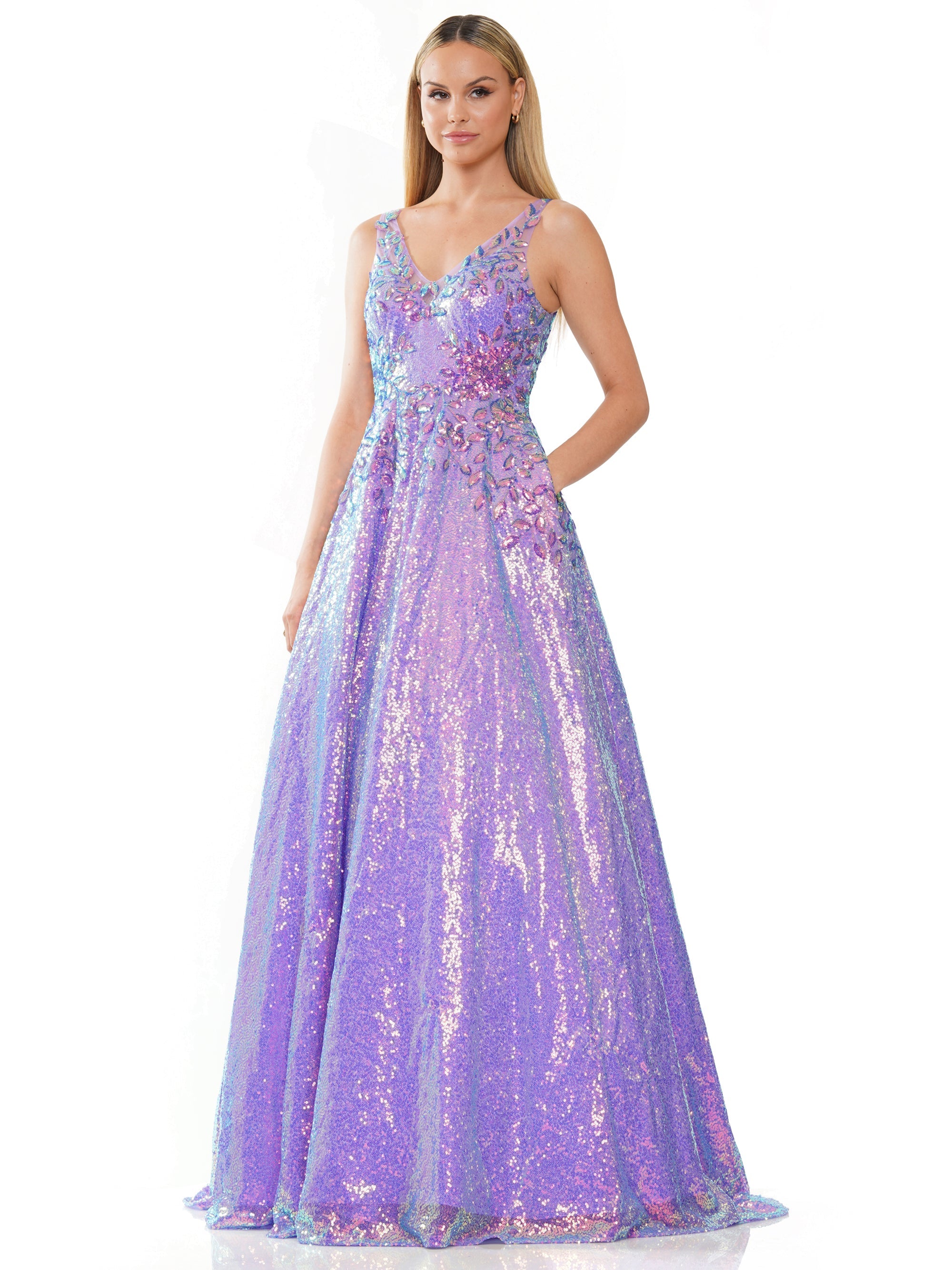 Prom Dresses Long Sleeveless Sequin Prom Ball Gown Lavender