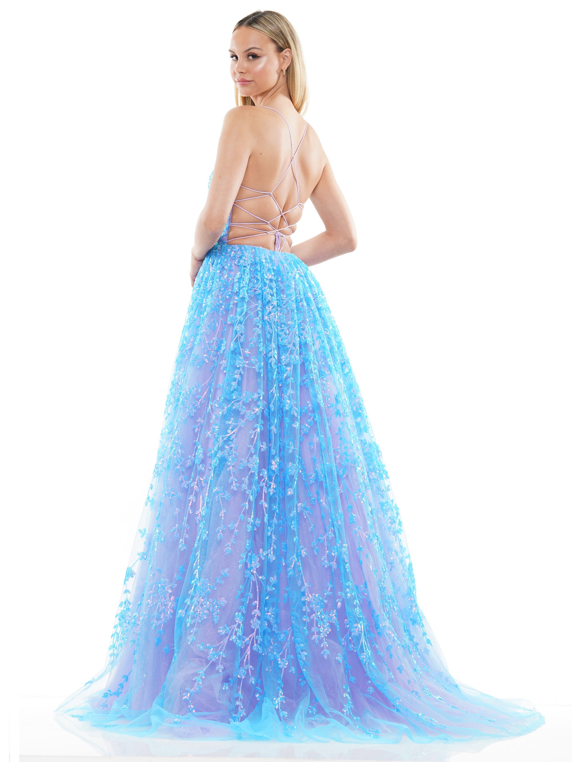 Prom Dresses Long Spaghetti Strap Sequin Prom Ball Gown Blue Lilac