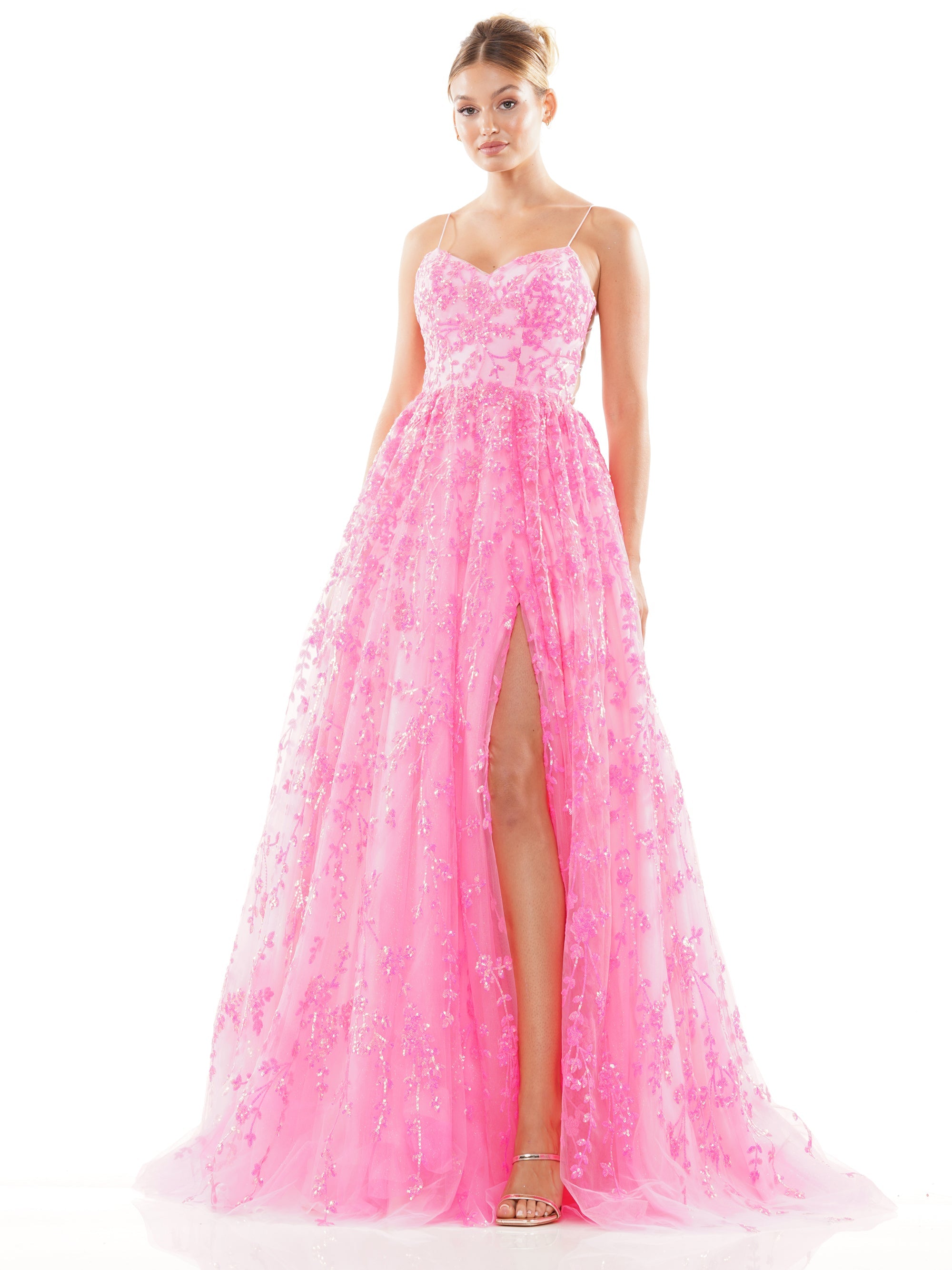 Prom Dresses Long Spaghetti Strap Sequin Prom Ball Gown Hot Pink