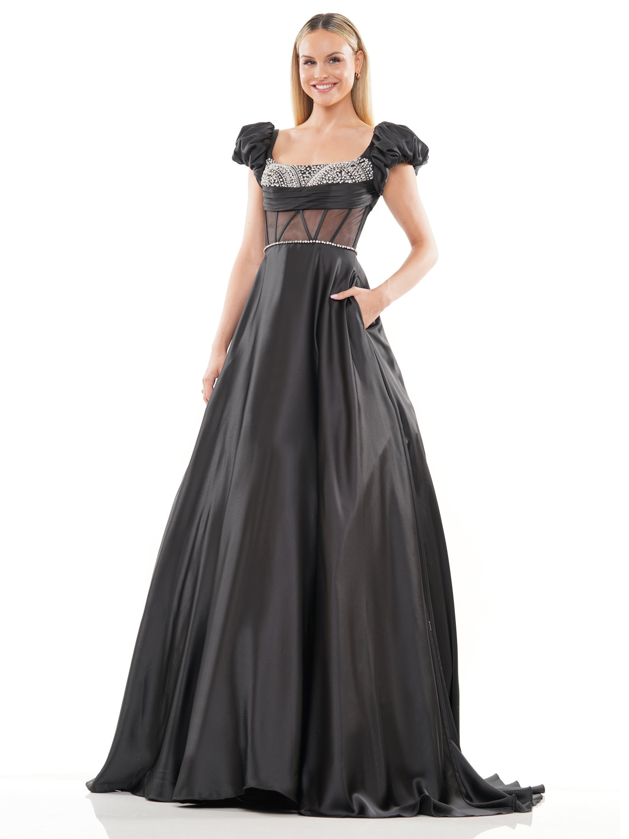 Prom Dresses Long Formal Satin Pocket Prom Ball Gown Black