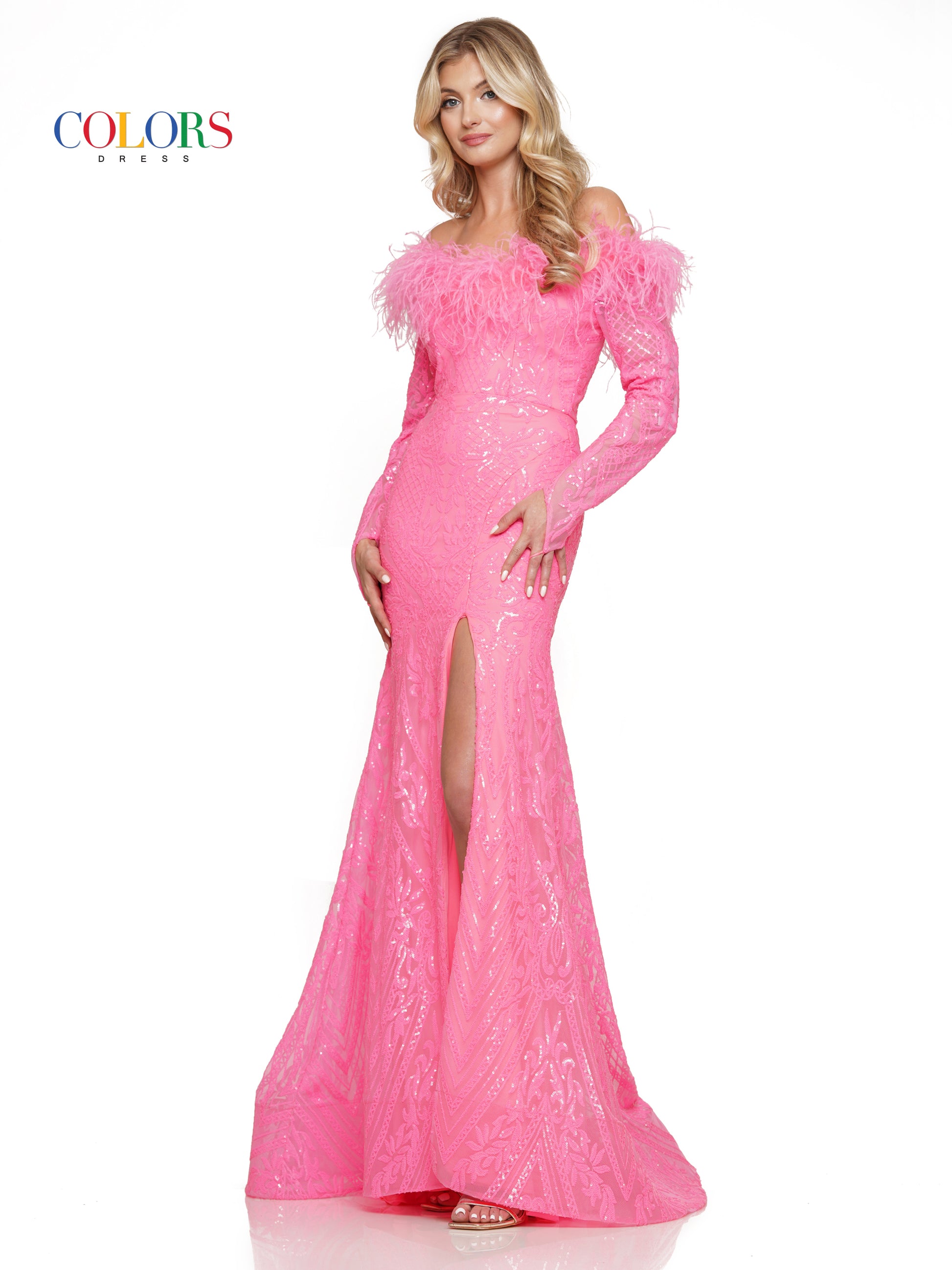 Colors 3257 Long Off Shoulder Formal Fitted Prom Dress