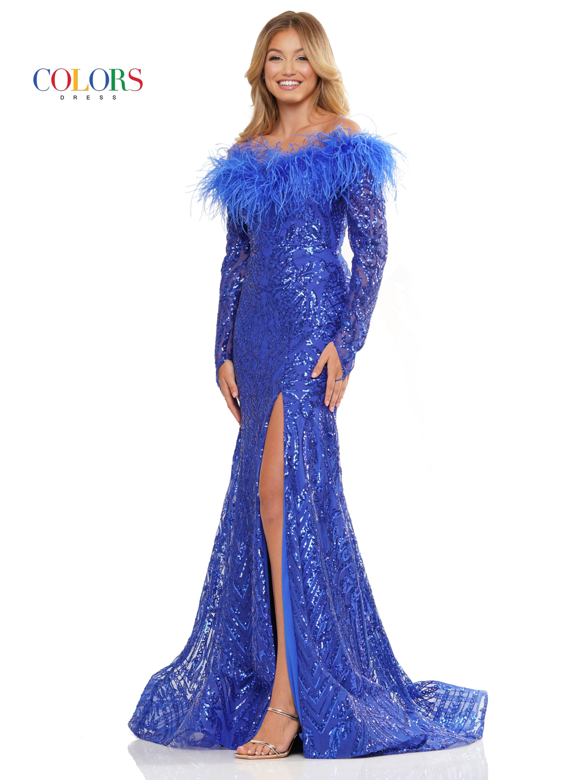 Colors 3257 Long Off Shoulder Formal Fitted Prom Dress