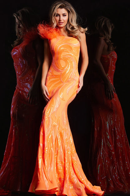 Jovani 06164 Orange Sequin And Feather Fitted Prom Dress, 41% OFF