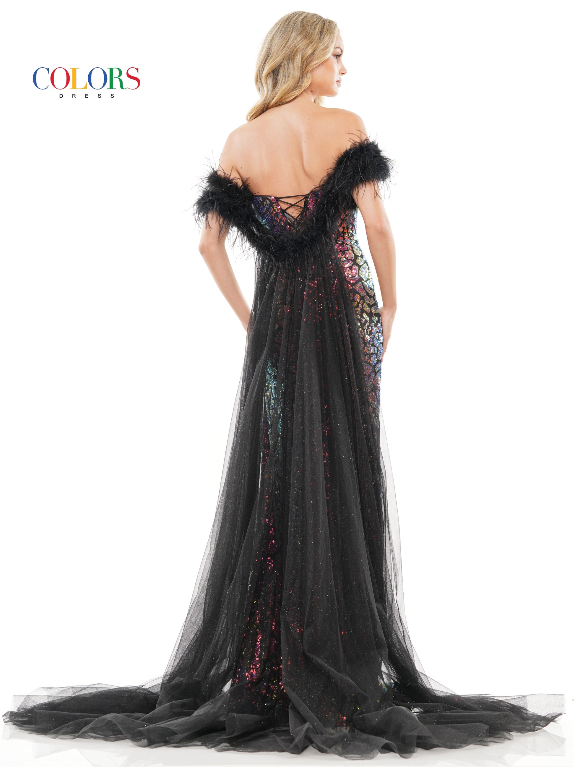 Colors 3259 Long Fitted Off Shoulder Feather Prom Dress