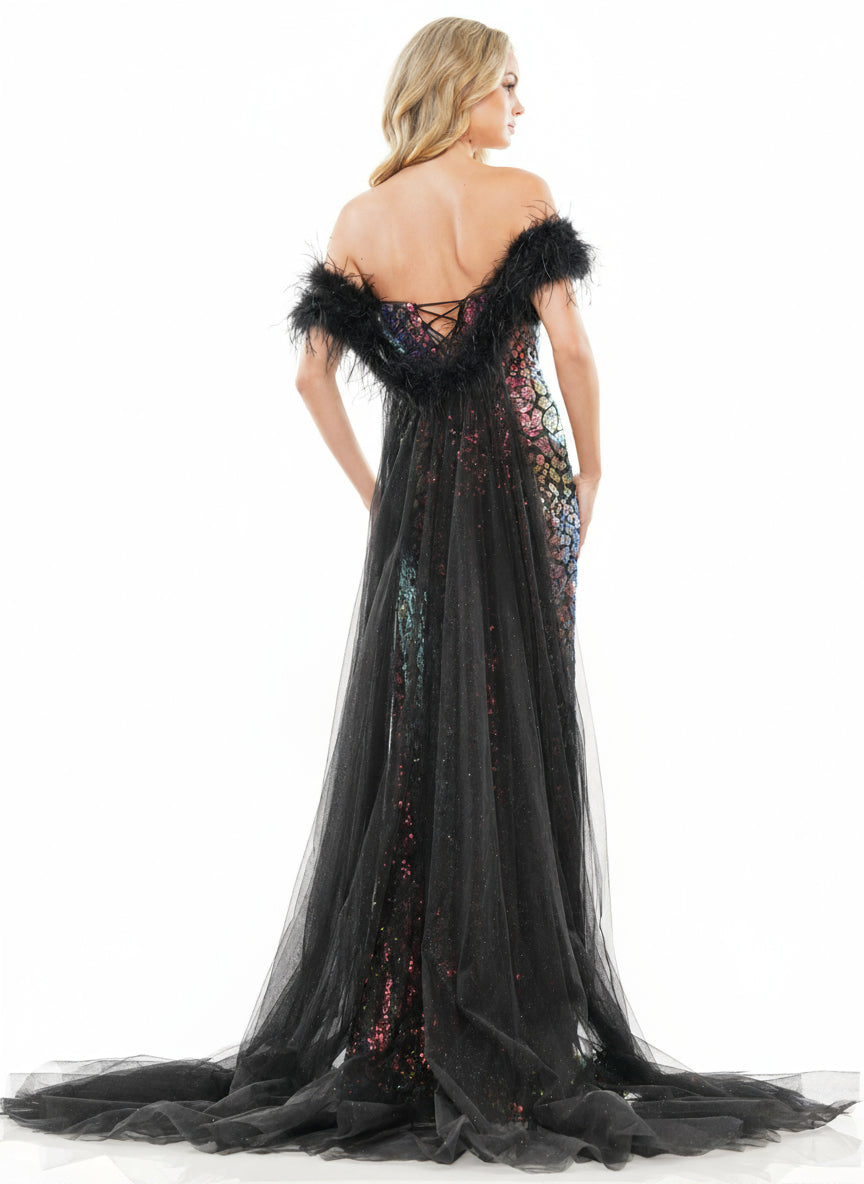 Prom Dresses Long Fitted Off Shoulder Feather Prom Dress Black Multi