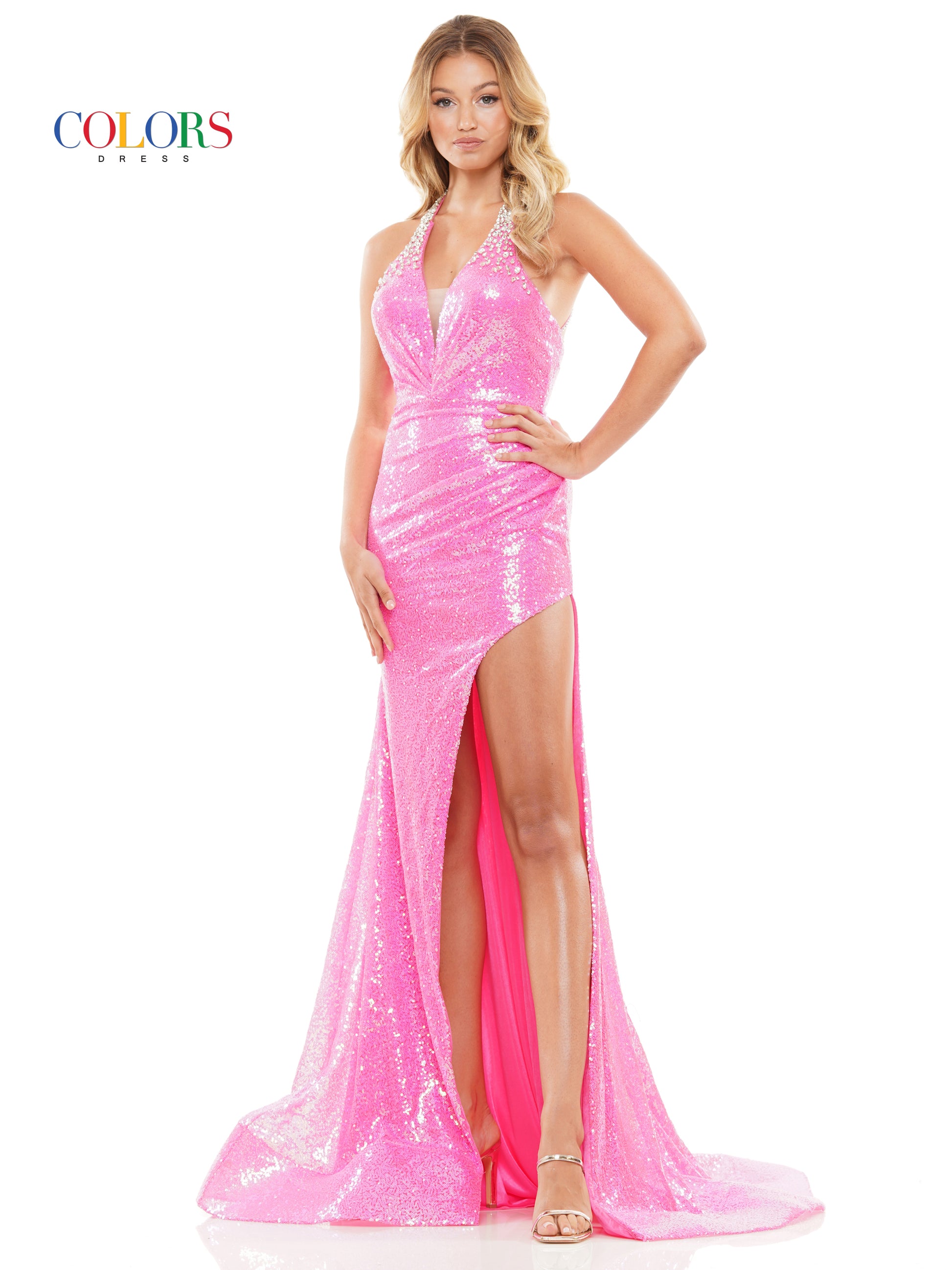 Colors 3273 Long Halter Sequin Fitted Prom Dress