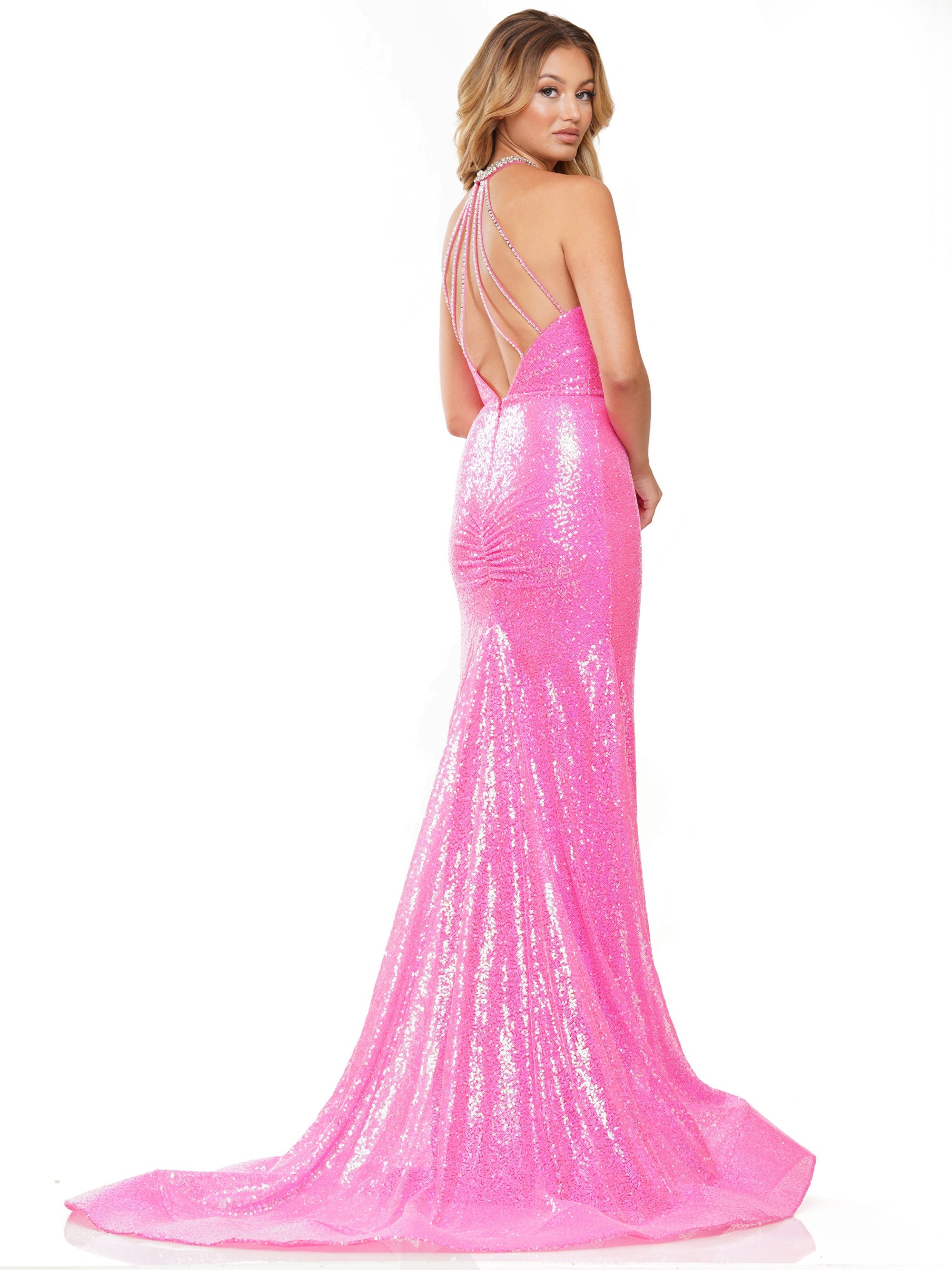 Prom Dresses Long Halter Sequin Fitted Prom Dress Hot Pink