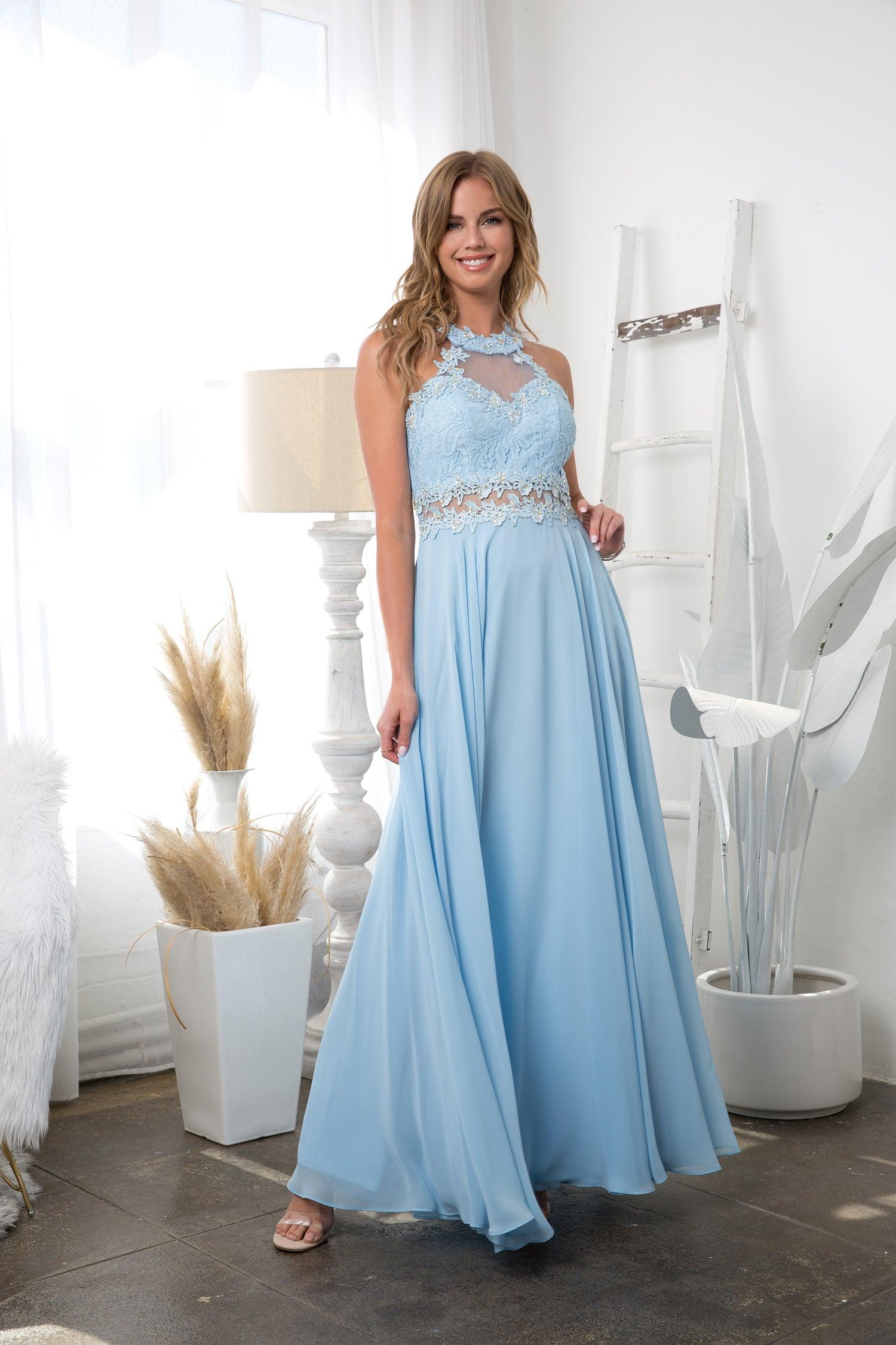 Off White Long Formal Halter Chiffon Bridesmaids Dress