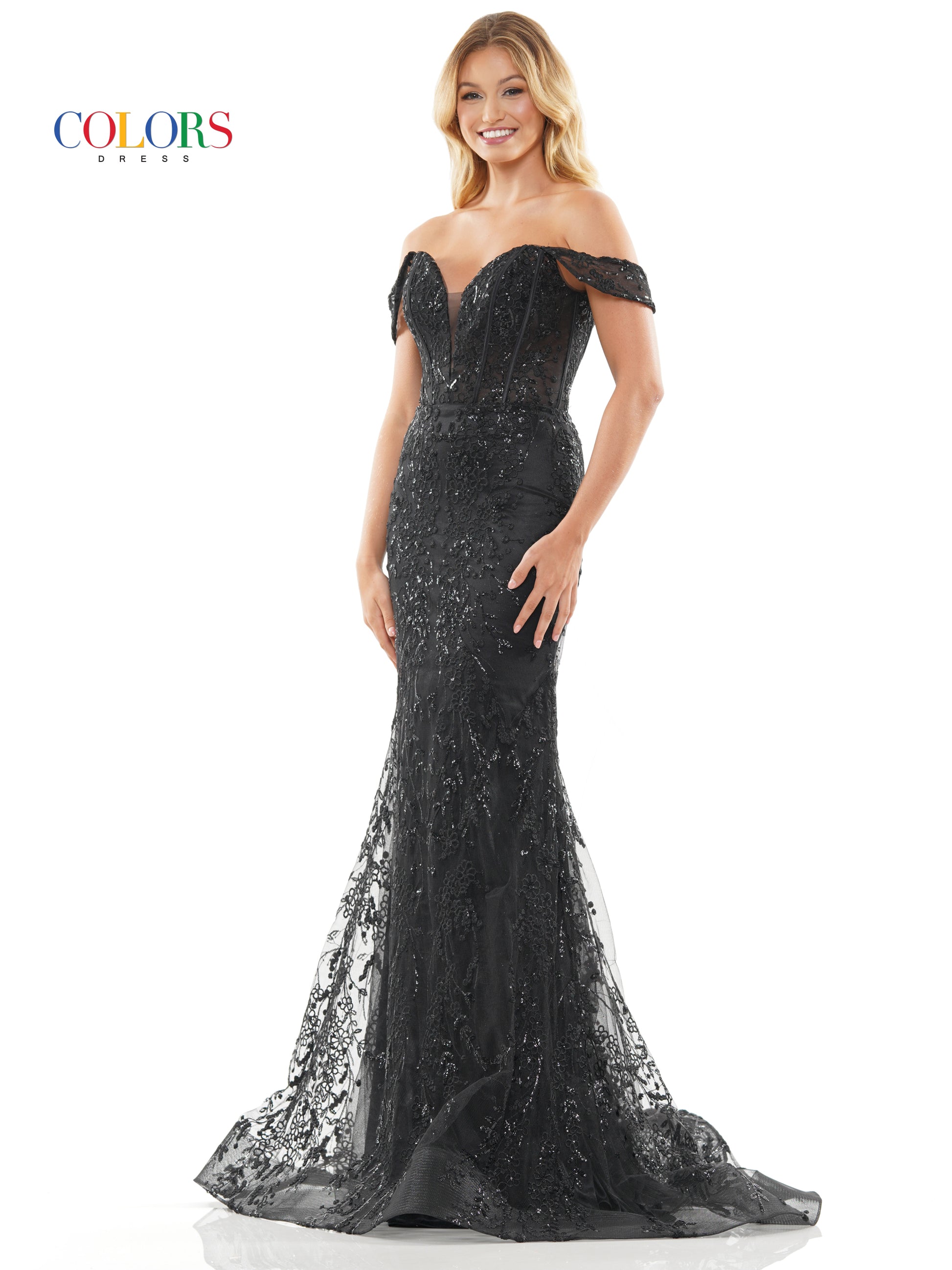 Colors 3287 Long Off Shoulder Glitter Mesh Prom Dress
