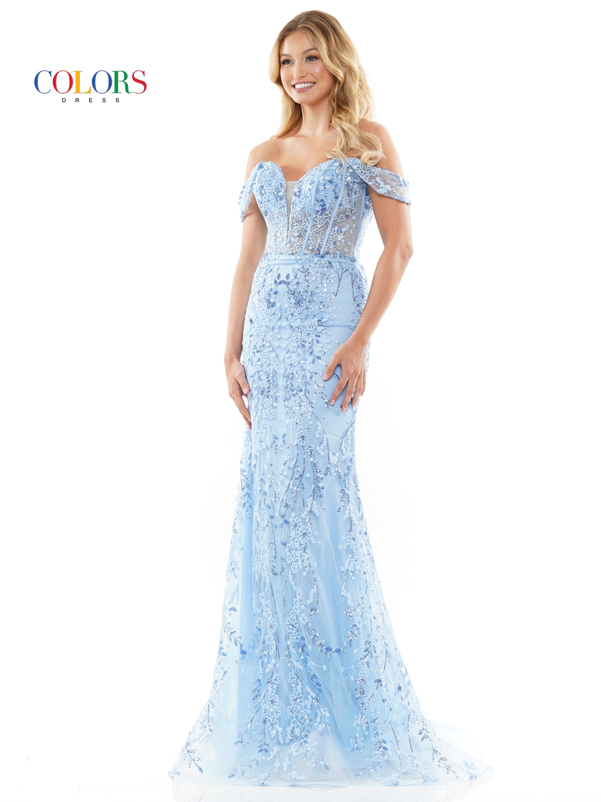 Colors 3287 Long Off Shoulder Glitter Mesh Prom Dress